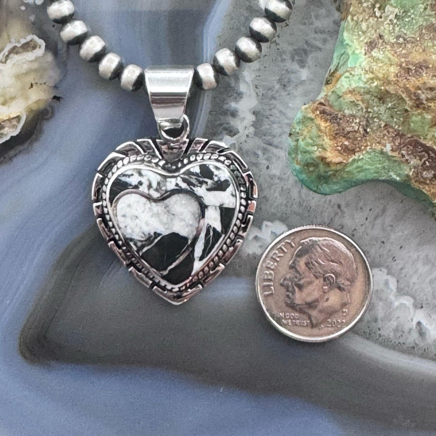 Native American Sterling Silver White Buffalo Decorated Double Heart Pendant For Women