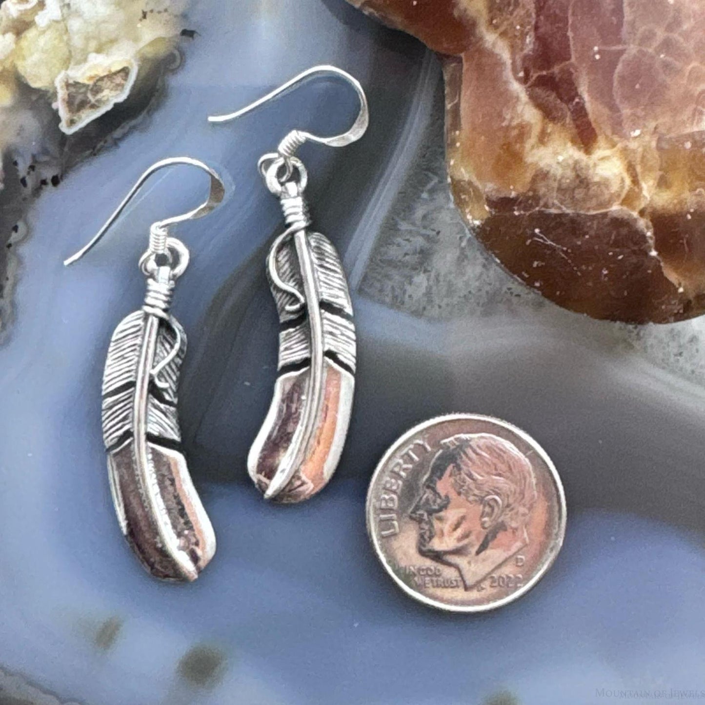 Sterling Silver Southwestern Style Curved Feather Dangle Earrings For Women