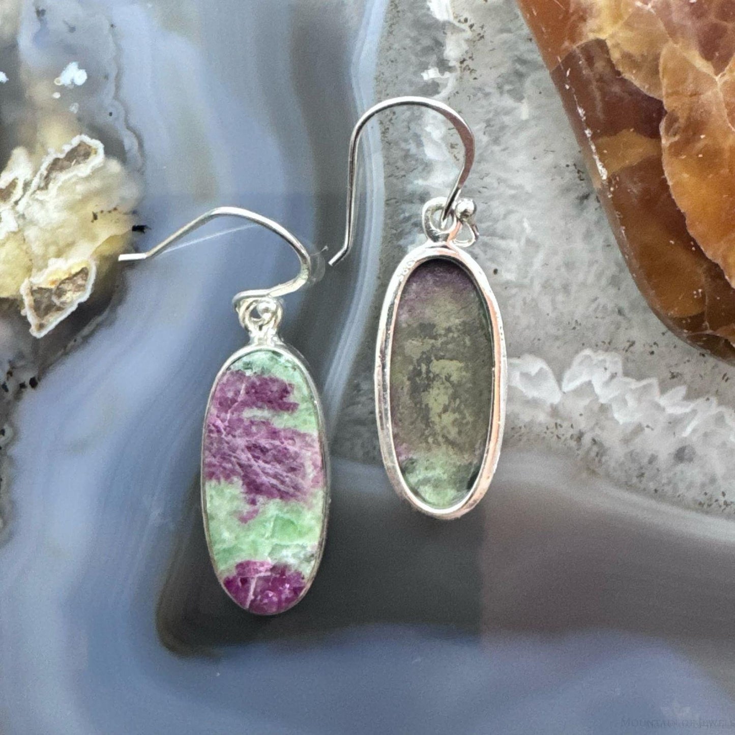 Sterling Silver Southwestern Style Oval Ruby Zoisite Dangle Earrings For Women