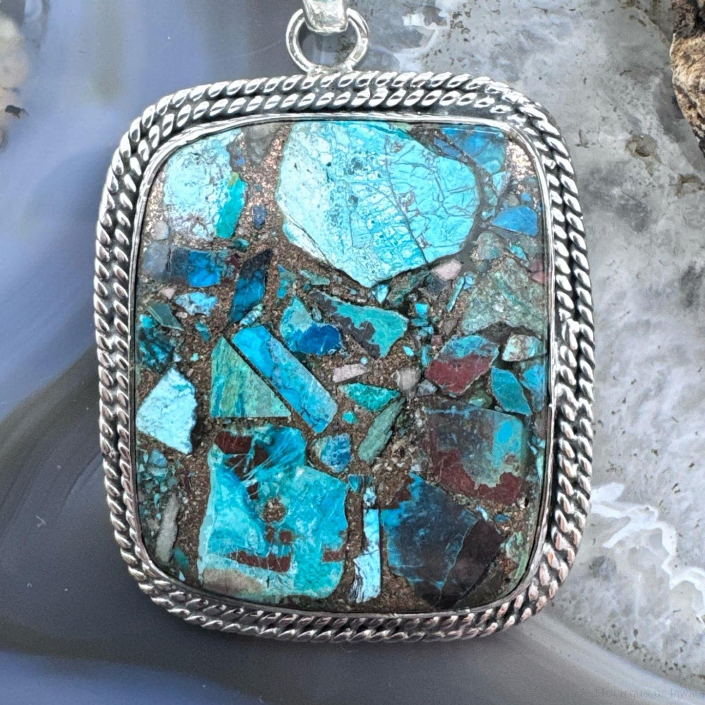 Sterling Silver Southwestern Style Large Square Cooper Turquoise Pendant For Women