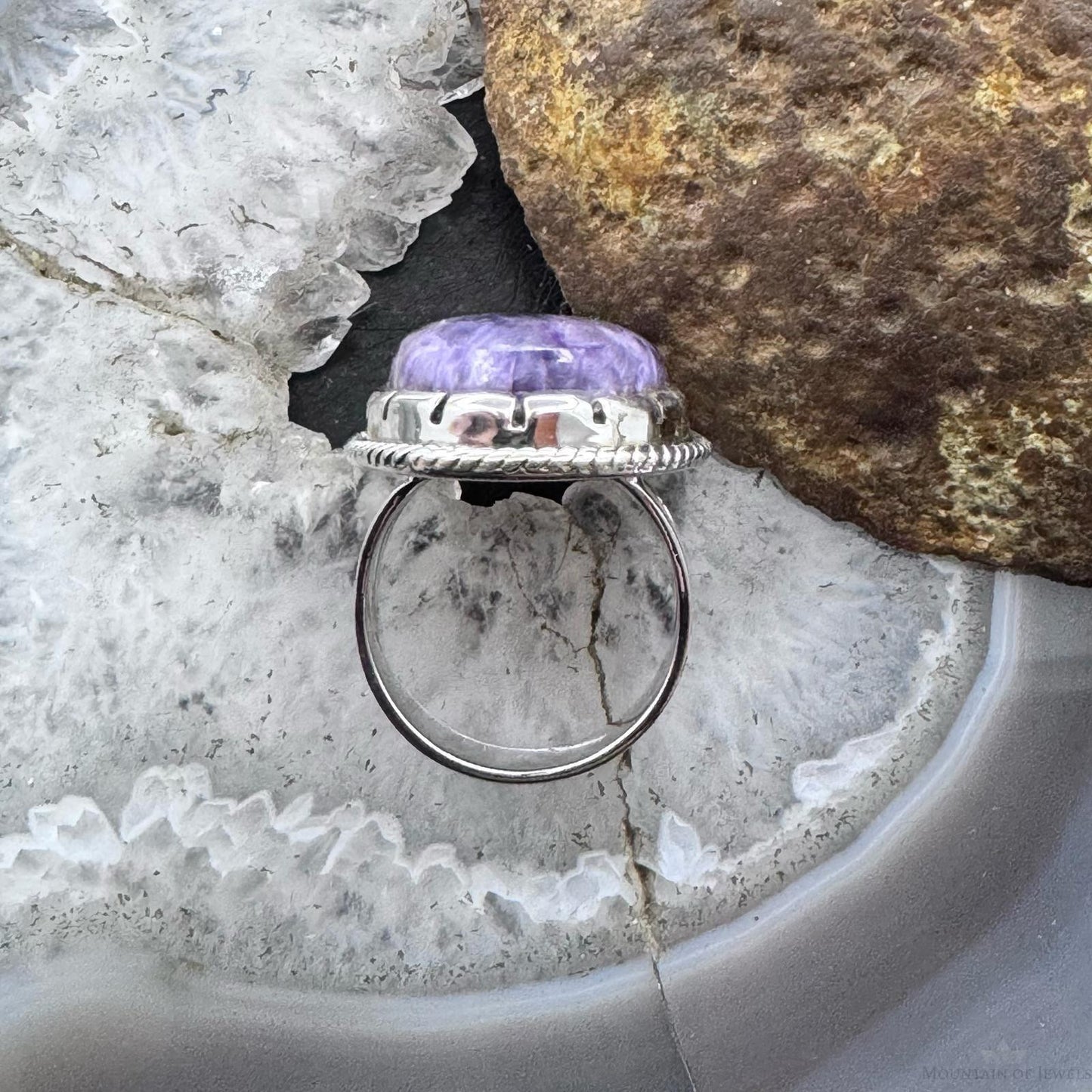 Sterling Silver Southwestern Style Oval Charoite Decorated Ring Size 7.5 For Women