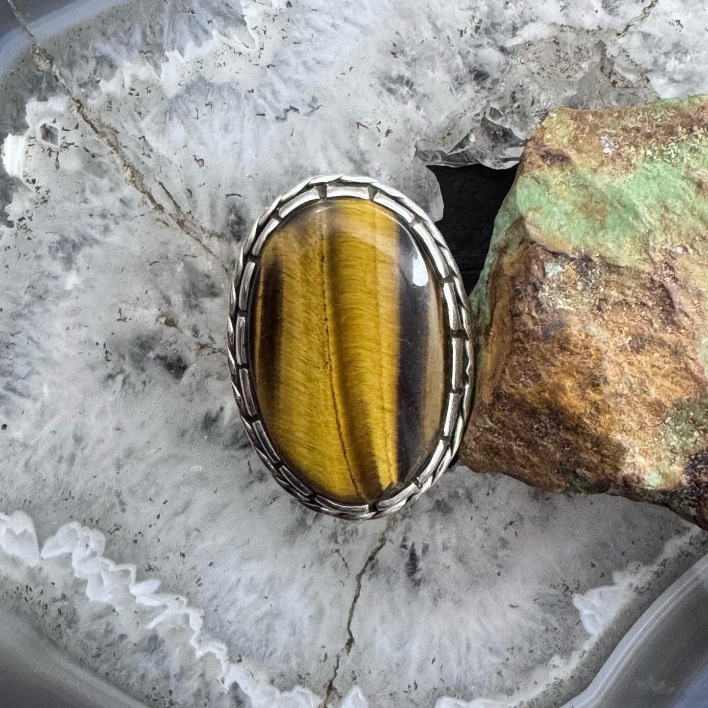Sterling Silver Southwestern Style Elongated Oval Tiger's Eye Ring Size 8.25 For Women