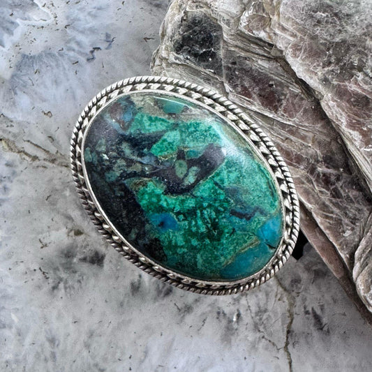Sterling Silver Southwestern Style Oval Azurite Decorated Ring Size 7 For Women