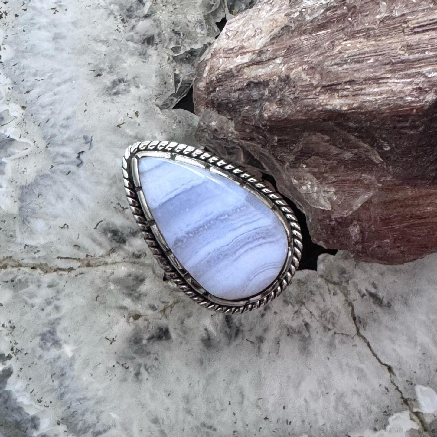 Sterling Silver Southwestern Style Blue Lace Agate Decorated Ring Size 6.75 For Women