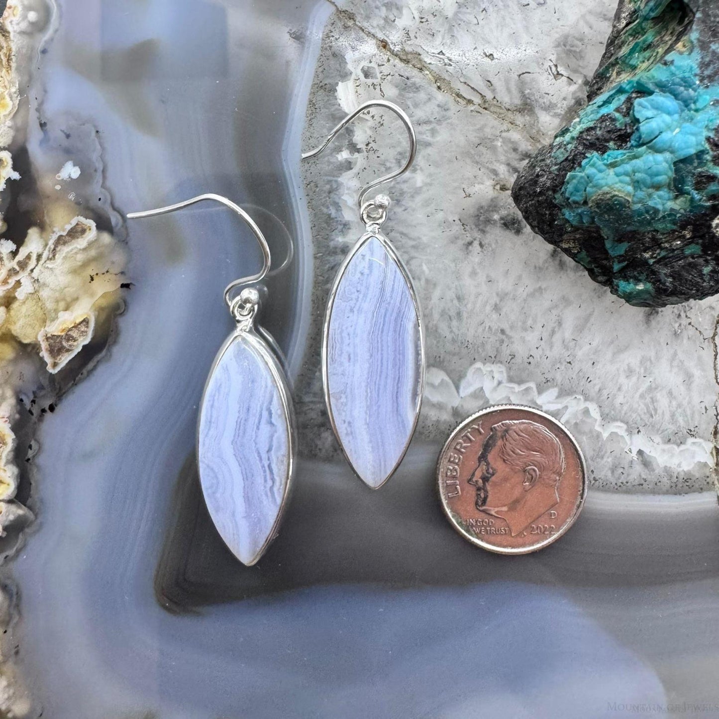 Sterling Silver Southwestern Style Marquise Blue Lace Agate Dangle Earrings For Women
