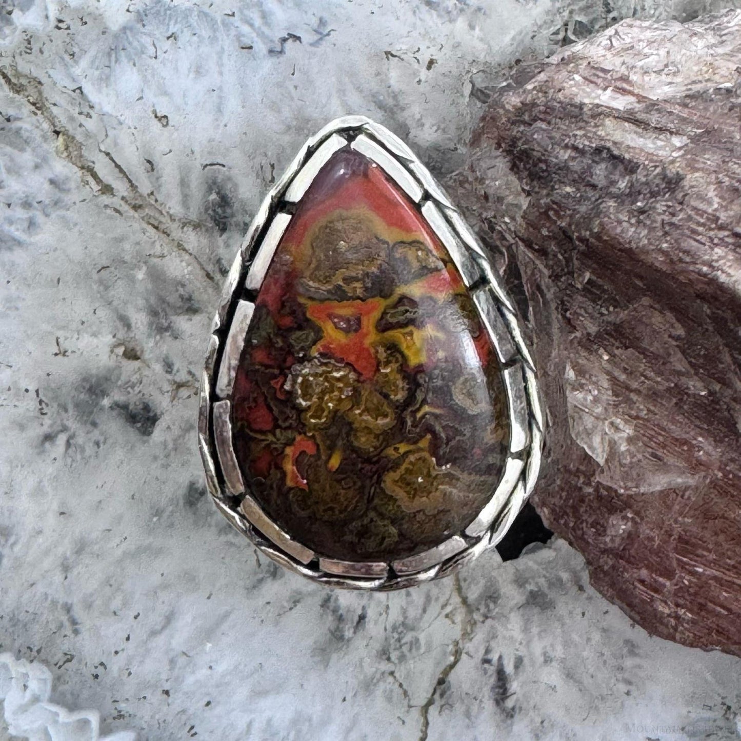 Sterling Southwestern Style Teardrop Moroccan Seam Agate Ring Size 6.5 For Women
