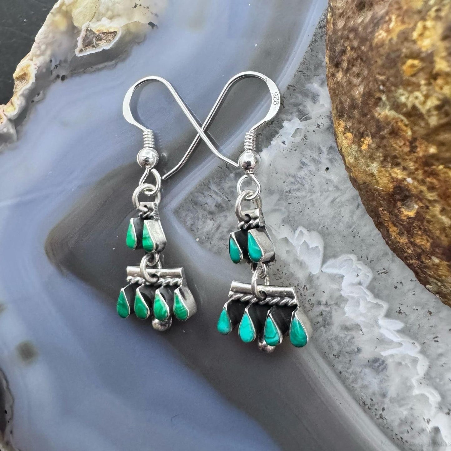 Sterling Silver Southwestern Teardrop Malachite Tiny Dangle Earrings For Women