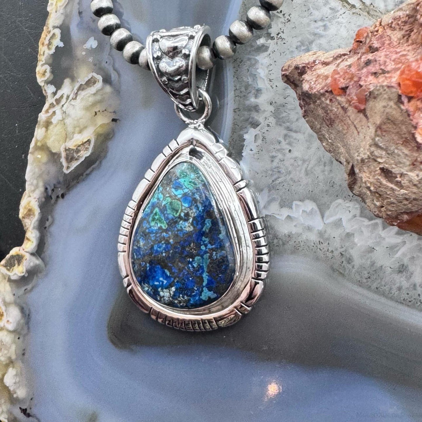 Sterling Silver Southwestern Style Teardrop Azurite Malachite Decorated Pendant