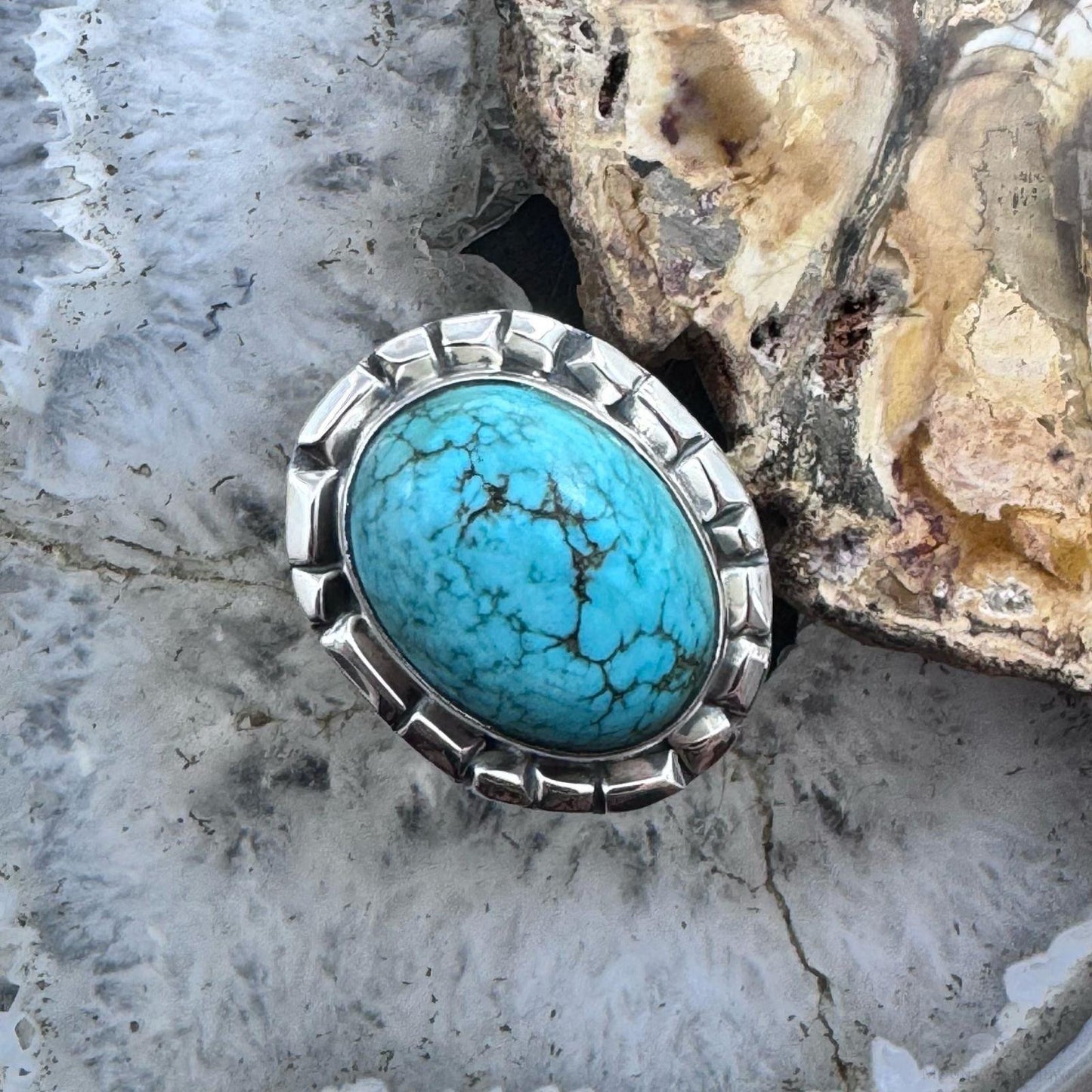 Sterling Silver Southwestern Style Oval Tibetan Turquoise Ring Size 8.75 For Women