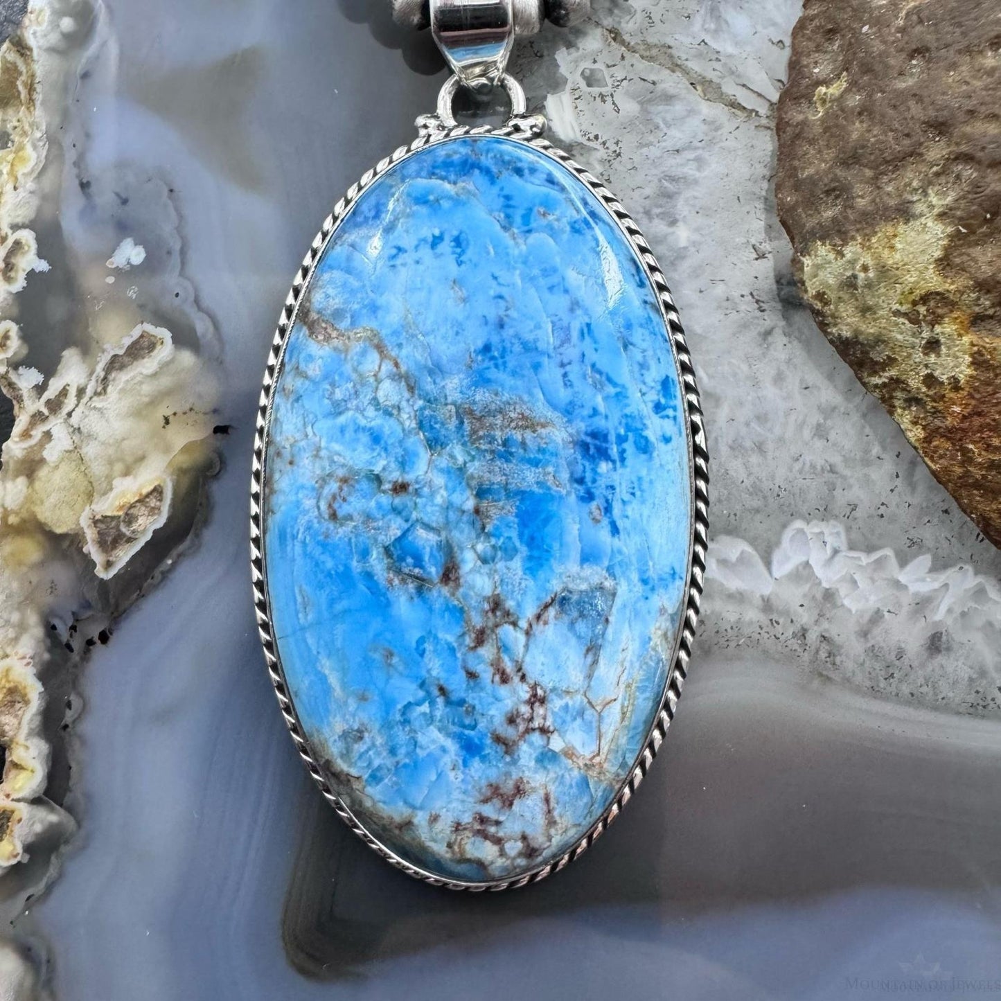 Sterling Silver Southwestern Style Elongated Oval Apatite Pendant For Women