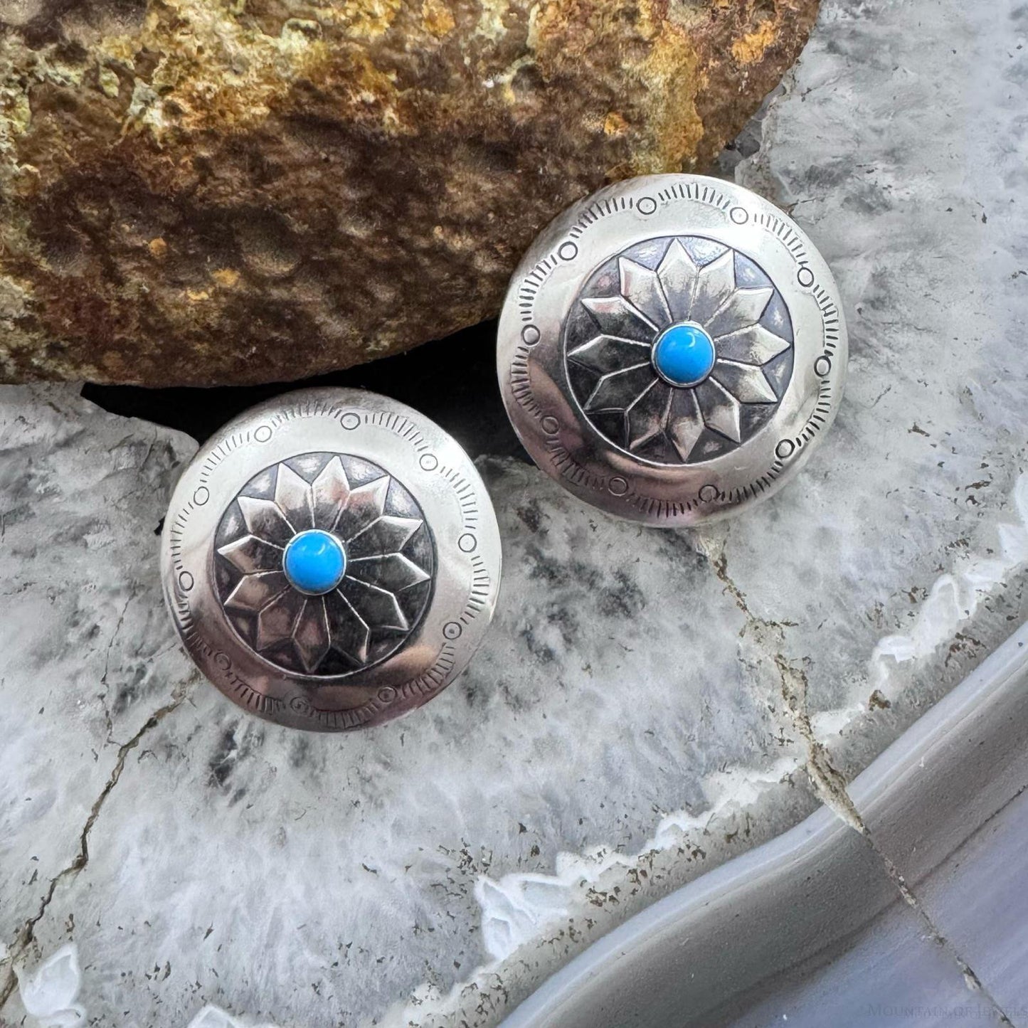 Native American Sterling Stamped Rounded Concho w/Turquoise Post Earrings