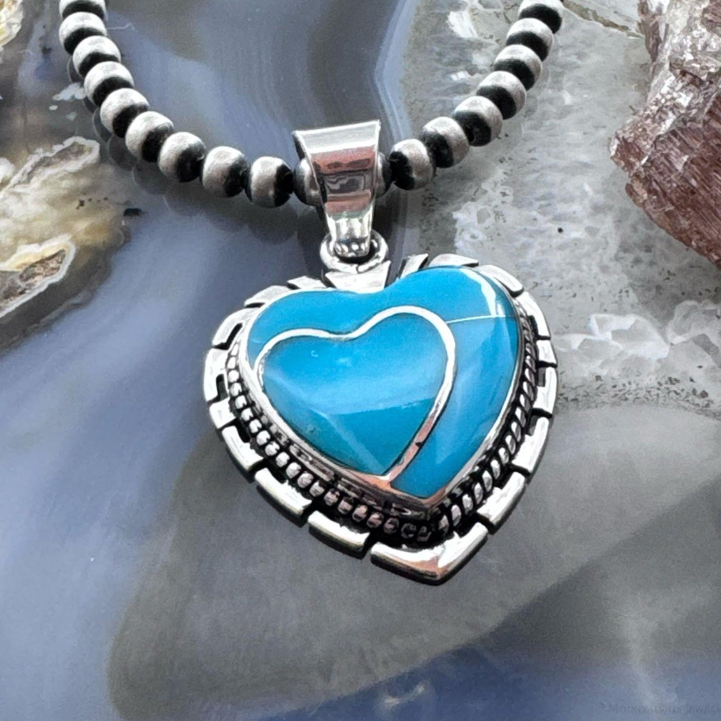 Native American Sterling Silver Kingman Turquoise Decorated Double Heart Pendant For Women
