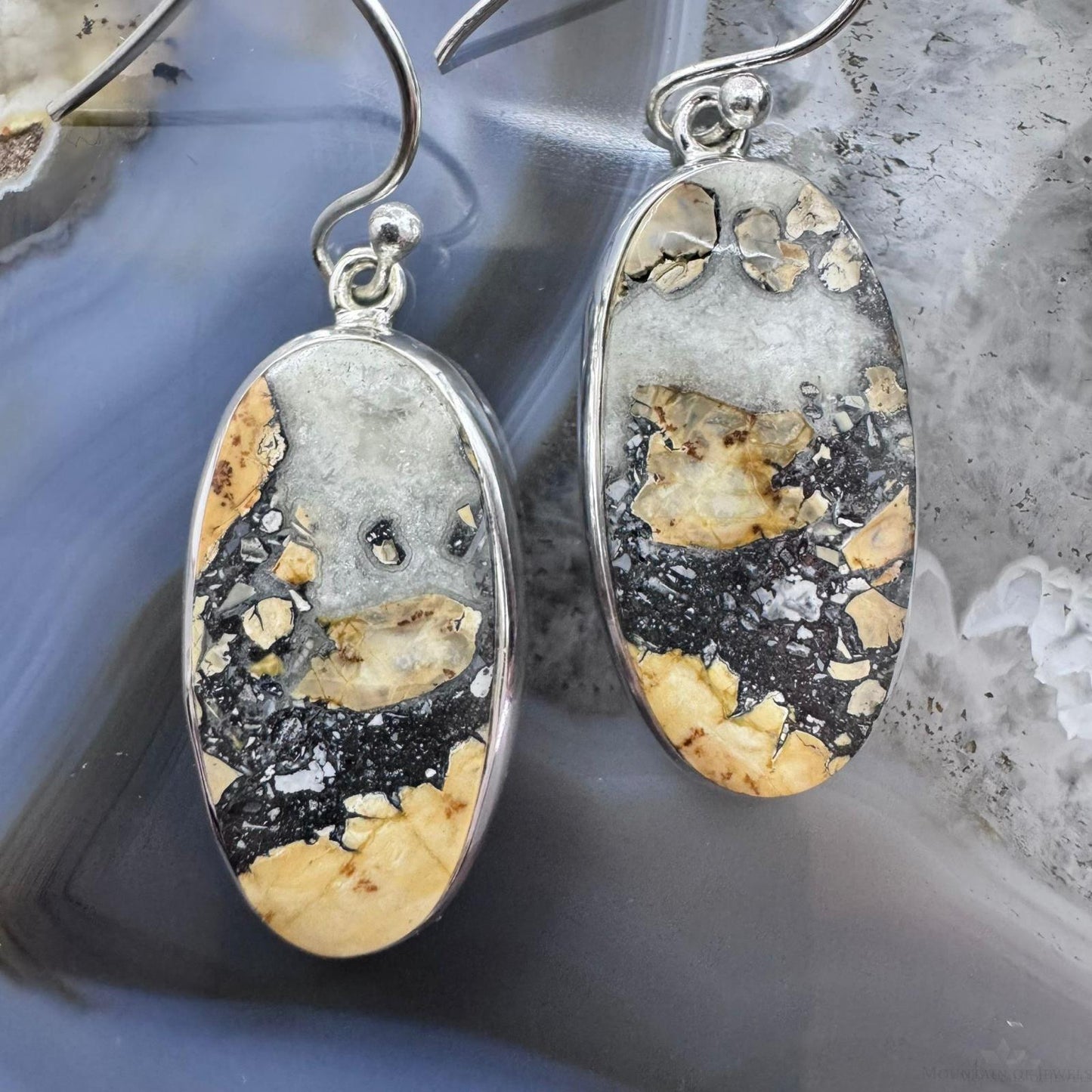 Sterling Silver Southwestern Style Oval Maligano Jasper Dangle Earrings For Women