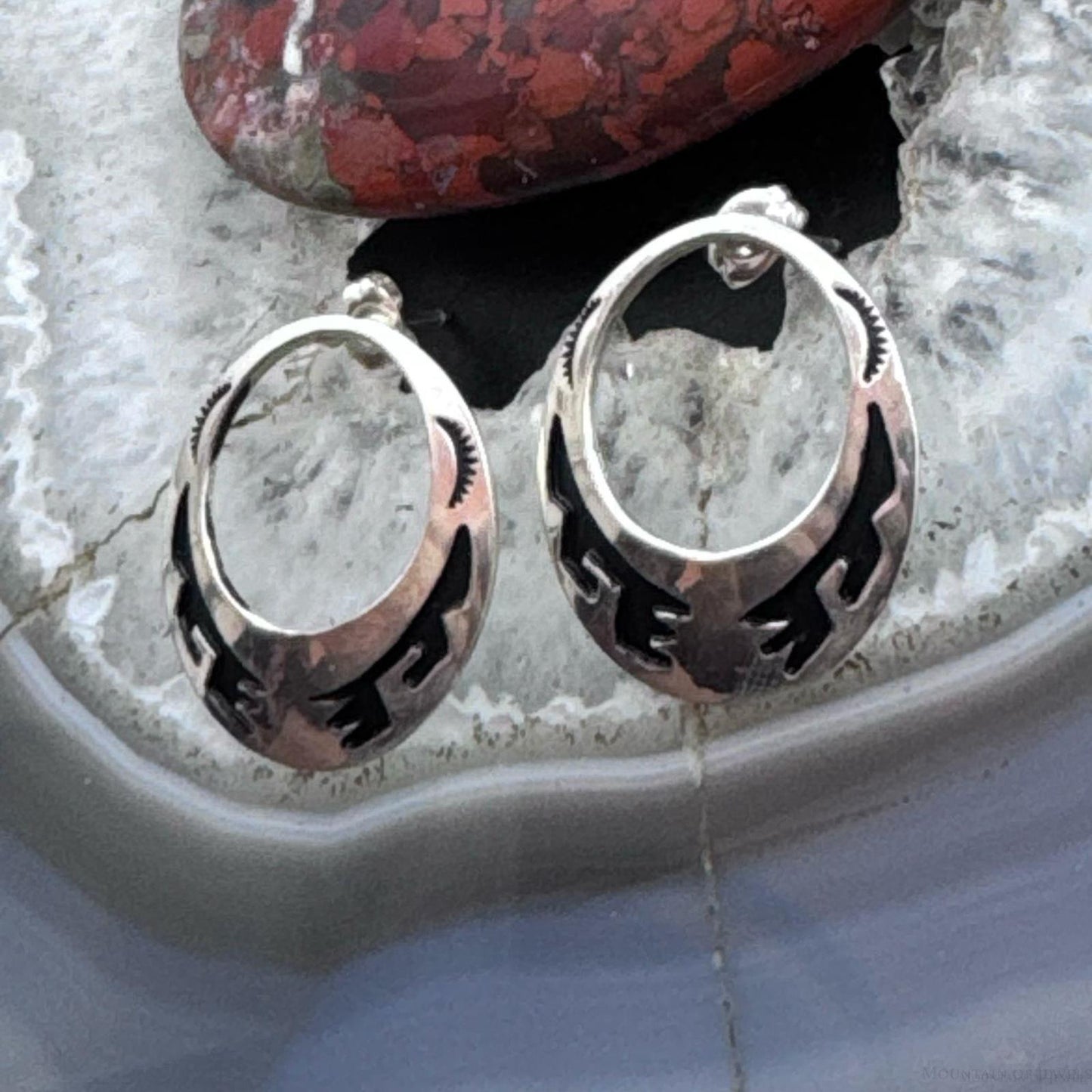 Tommy & Rosita Singer Sterling Silver Overlay Southwestern Motif Hoop Post Earrings For Women