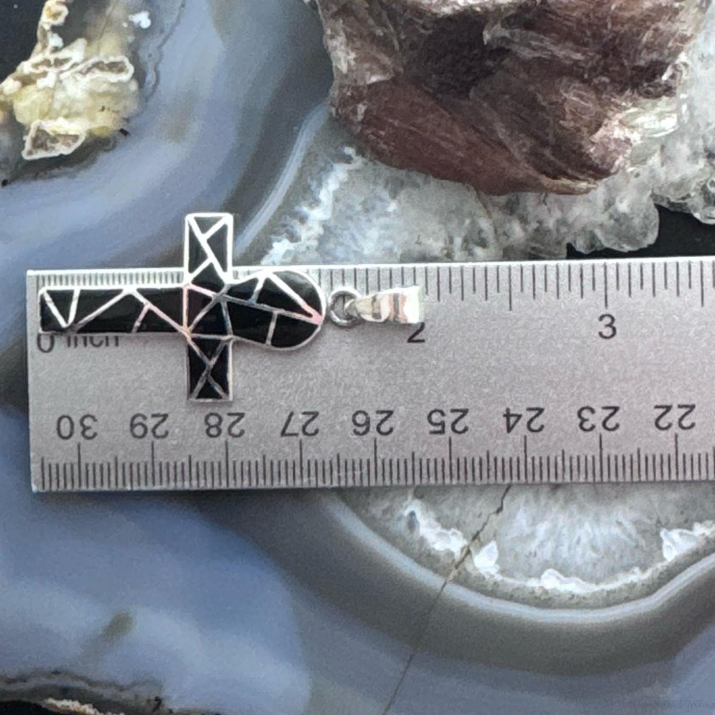 Sterling Silver Southwestern Style Onyx Inlay Unisex Cross Pendant