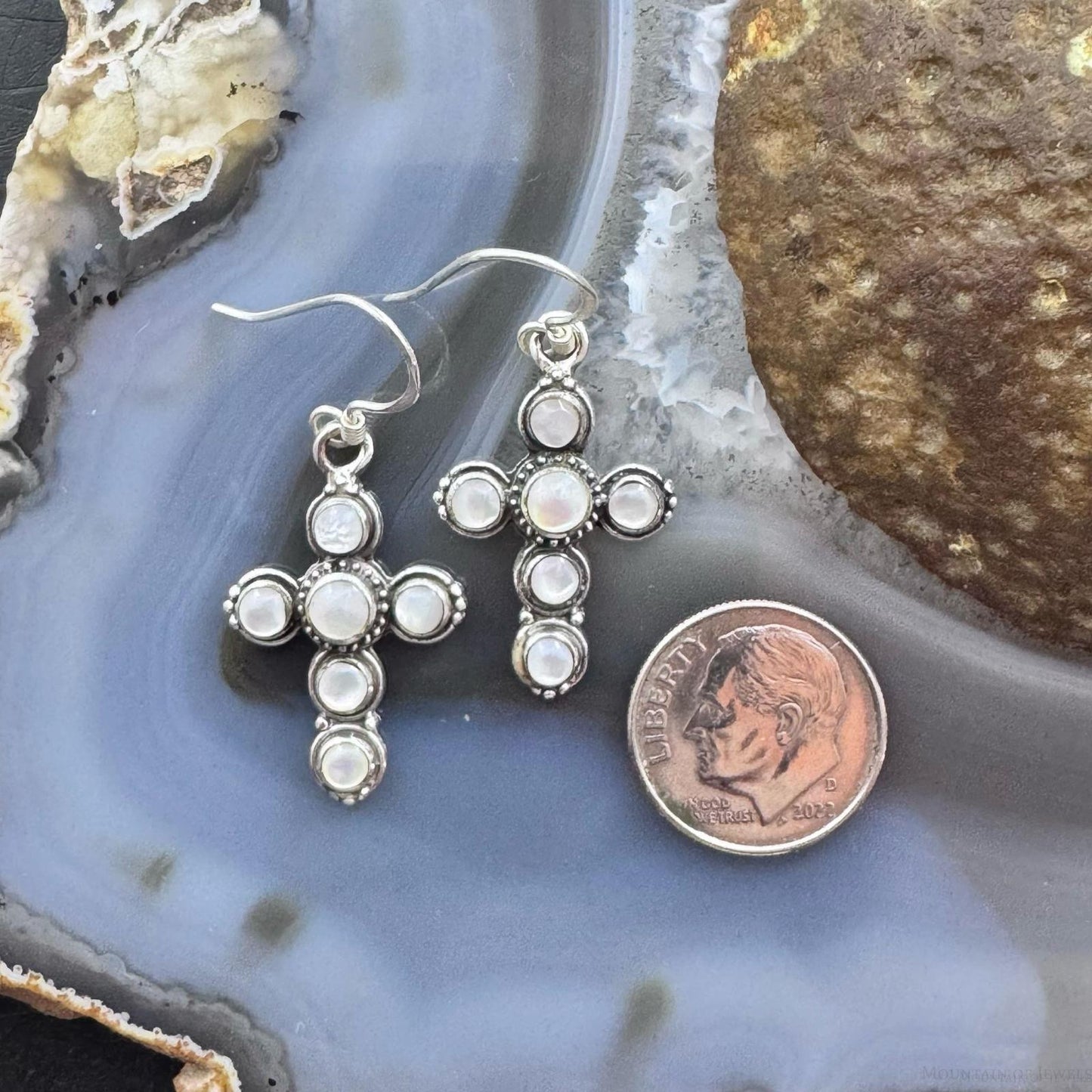 Sterling Silver 6 Moonstone Decorated Cross Fashion Dangle Earrings For Women