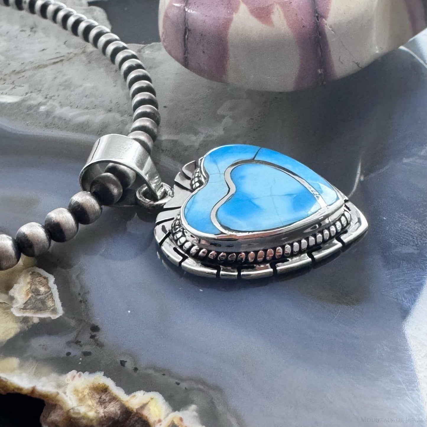 Native American Sterling Silver Blue Ridge Turquoise Decorated Double Heart Pendant For Women