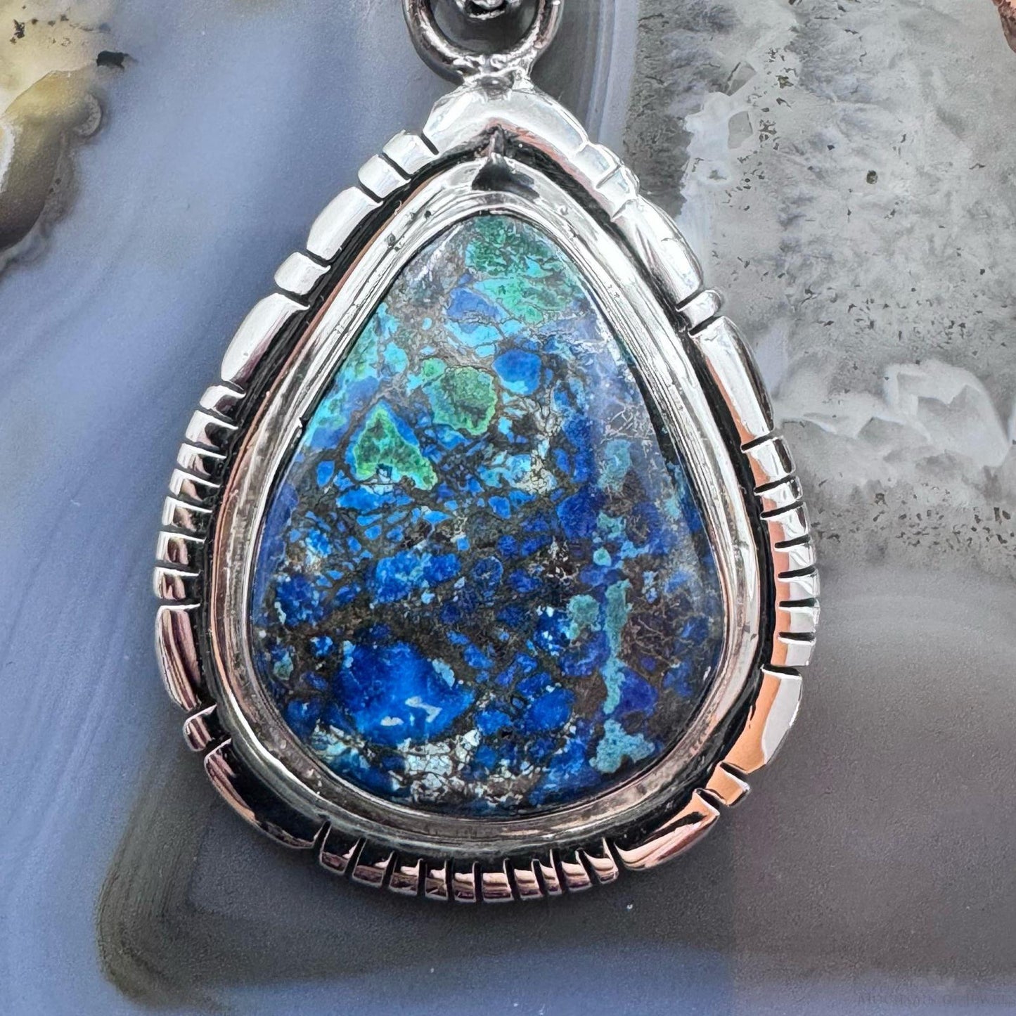 Sterling Silver Southwestern Style Teardrop Azurite Malachite Decorated Pendant