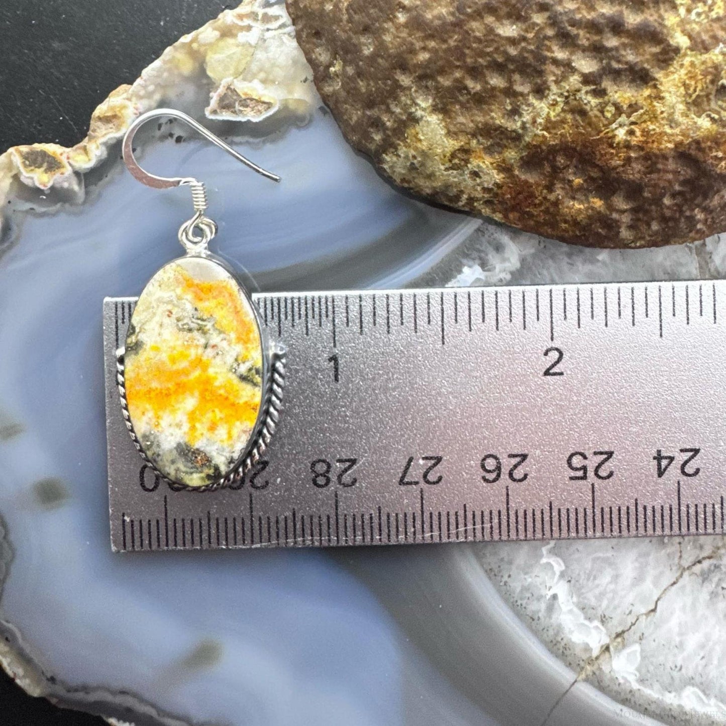 Sterling Silver Southwestern Style Large Oval Bumblebee Jasper Dangle Earrings For Women