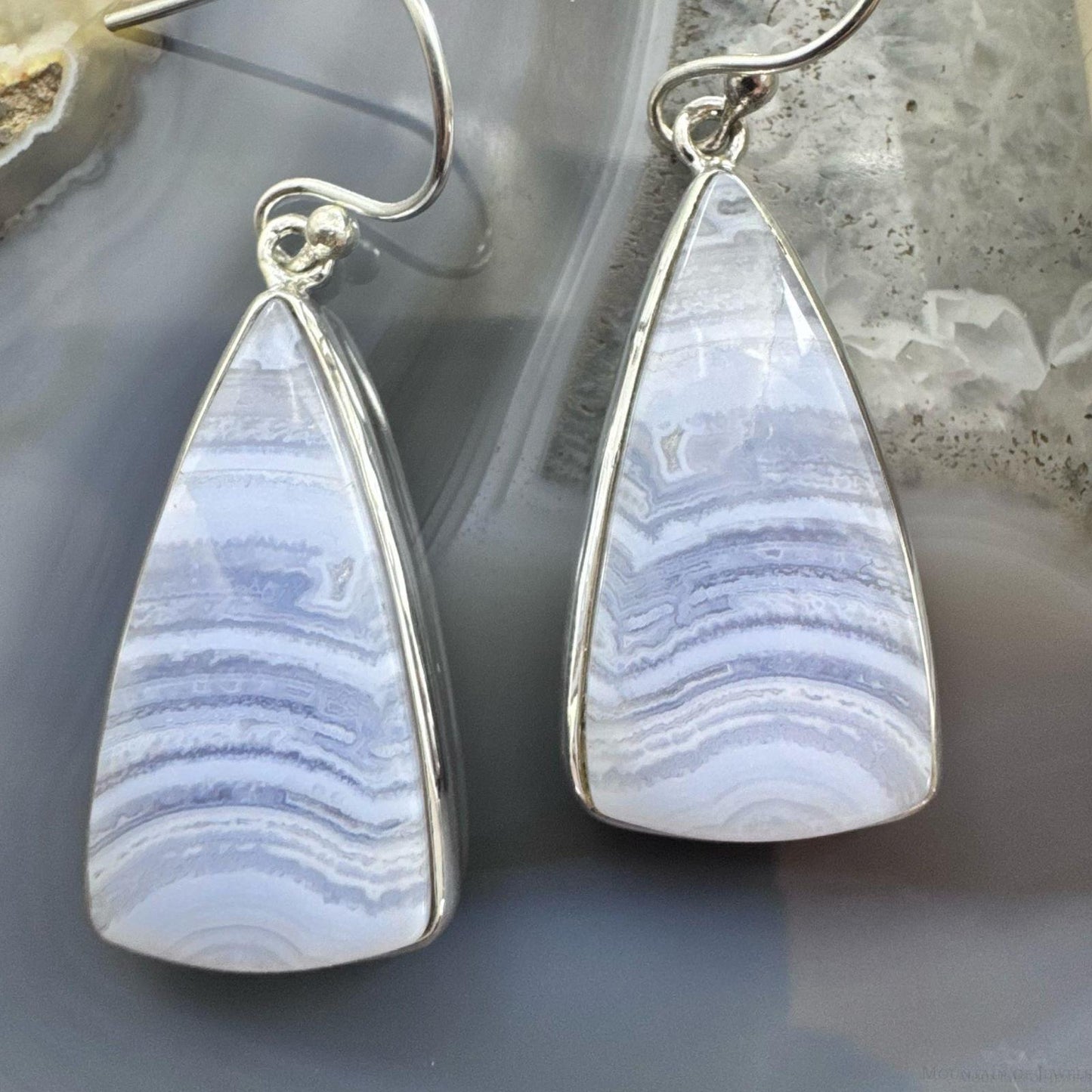 Sterling Silver Southwestern Style Triangle Blue Lace Agate Dangle Earrings For Women