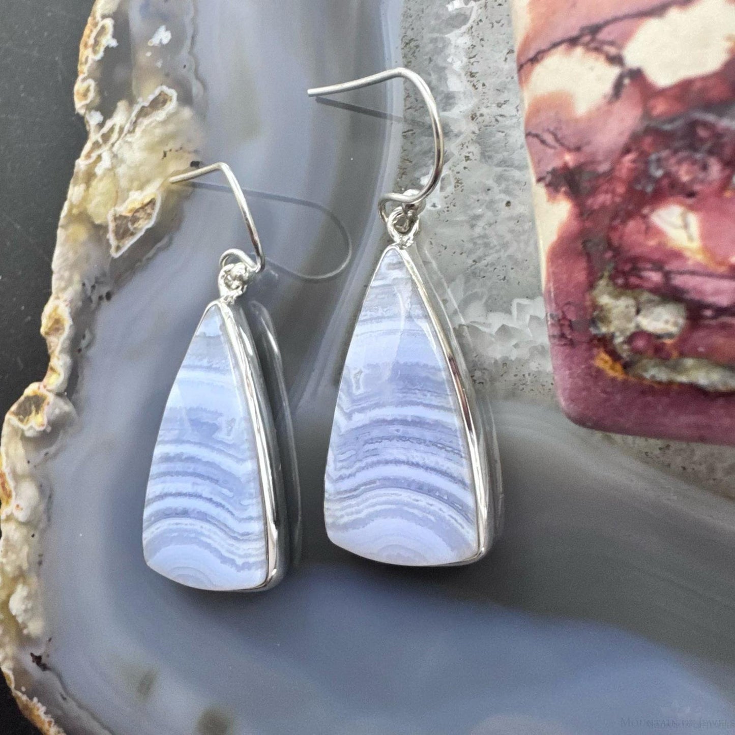 Sterling Silver Southwestern Style Triangle Blue Lace Agate Dangle Earrings For Women