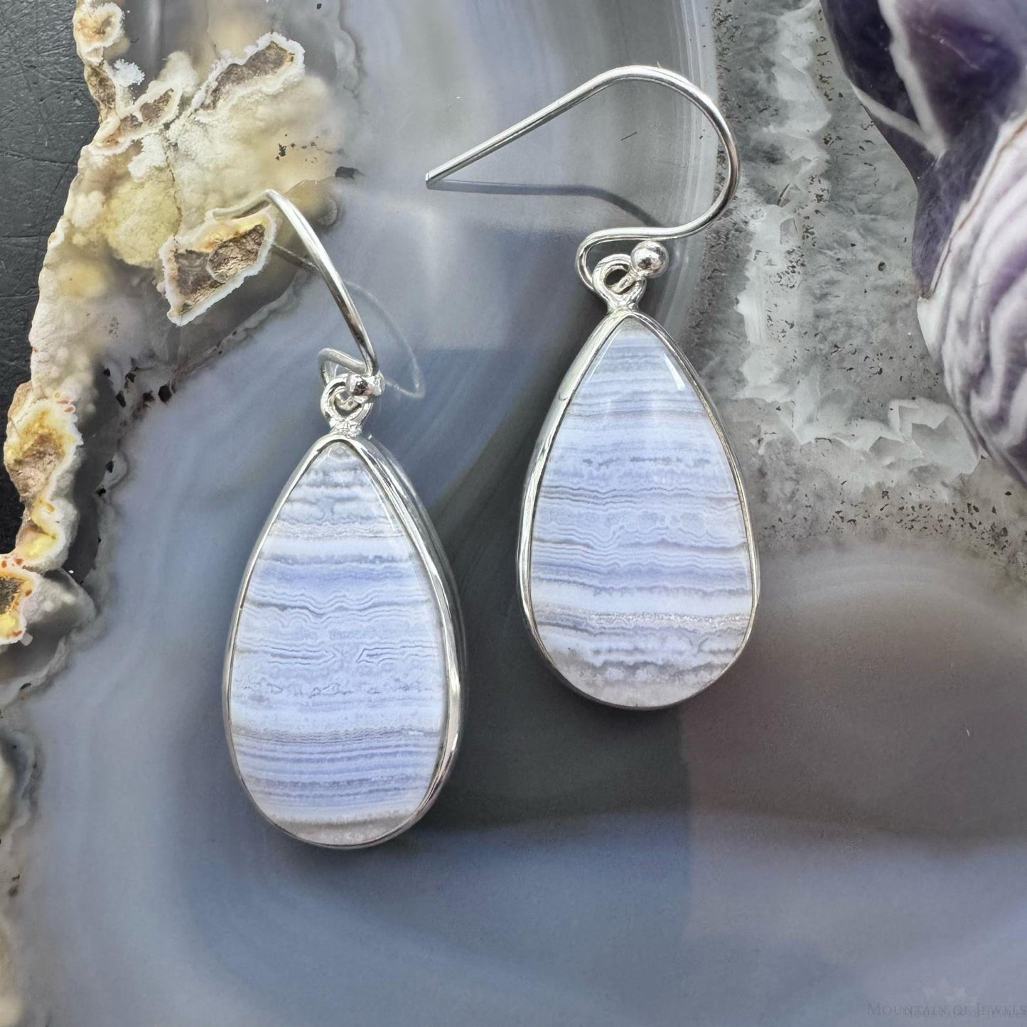 Sterling Silver Southwestern Style Teardrop Blue Lace Agate Dangle Earrings For Women