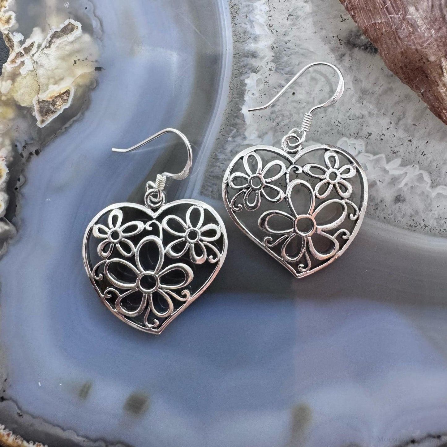 Sterling Silver Heart Flower Dangle Earrings For Women