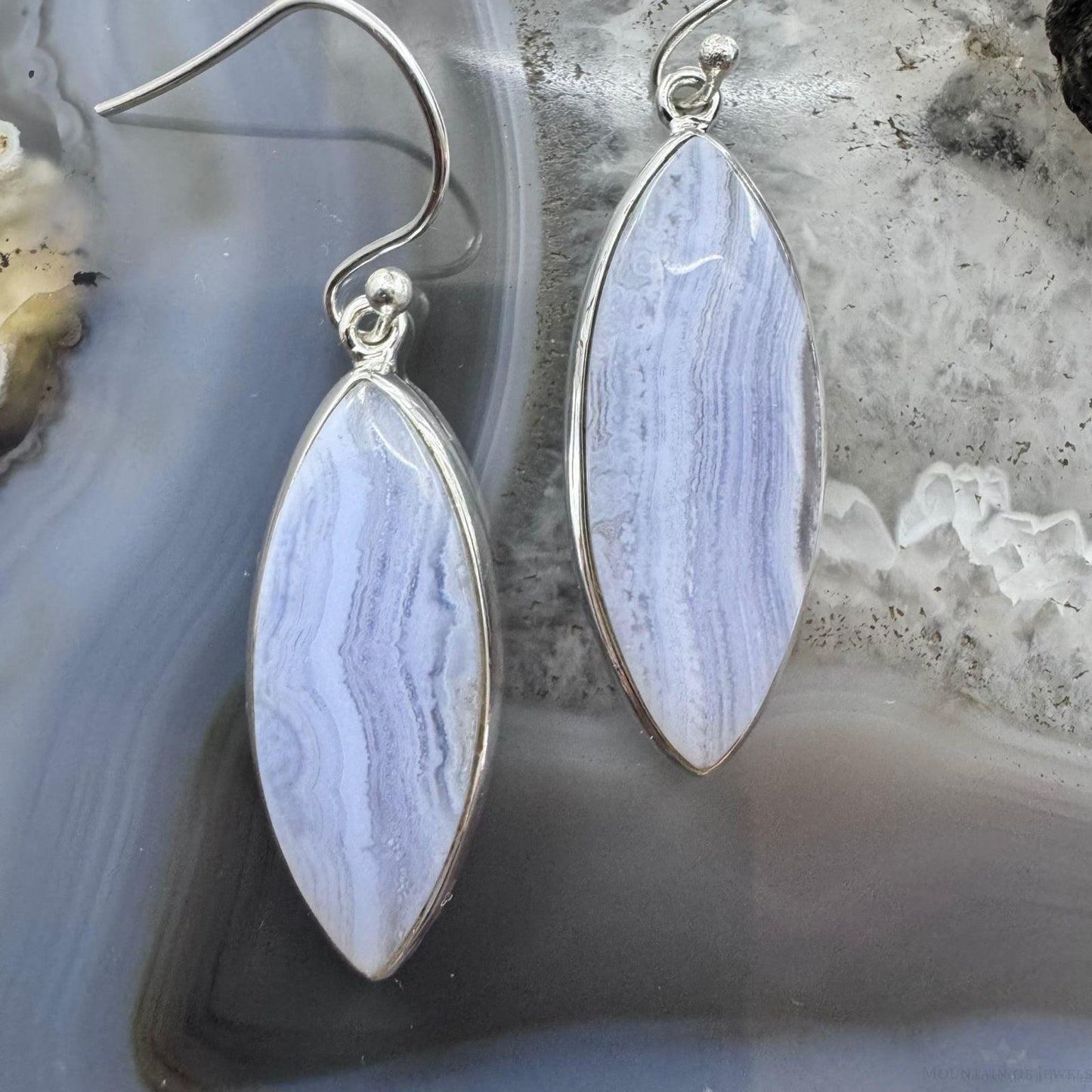 Sterling Silver Southwestern Style Marquise Blue Lace Agate Dangle Earrings For Women
