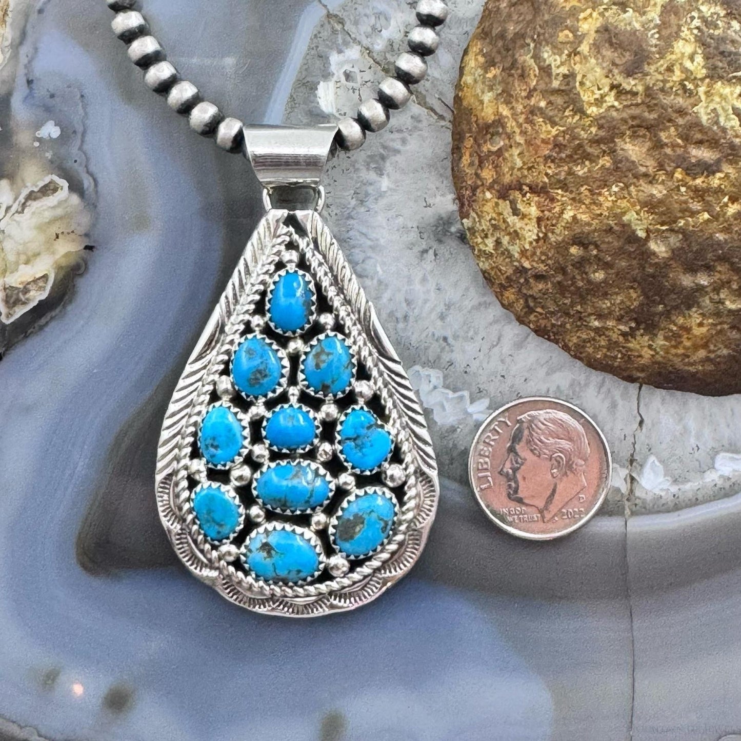 Marlene Jones Native American Sterling Silver Turquoise Teardrop Pendant For Women