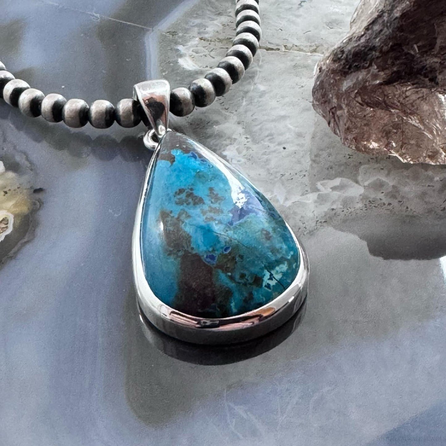 Sterling Silver Southwestern Style Teardrop Chrysocolla Pendant For Women