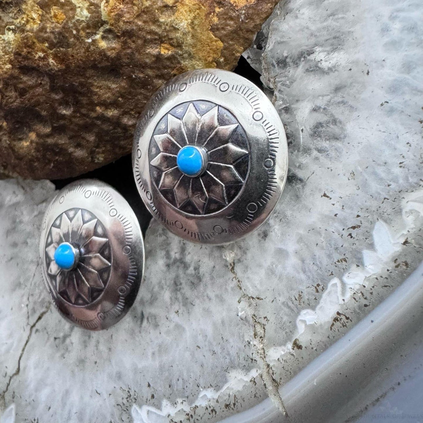 Native American Sterling Stamped Rounded Concho w/Turquoise Post Earrings