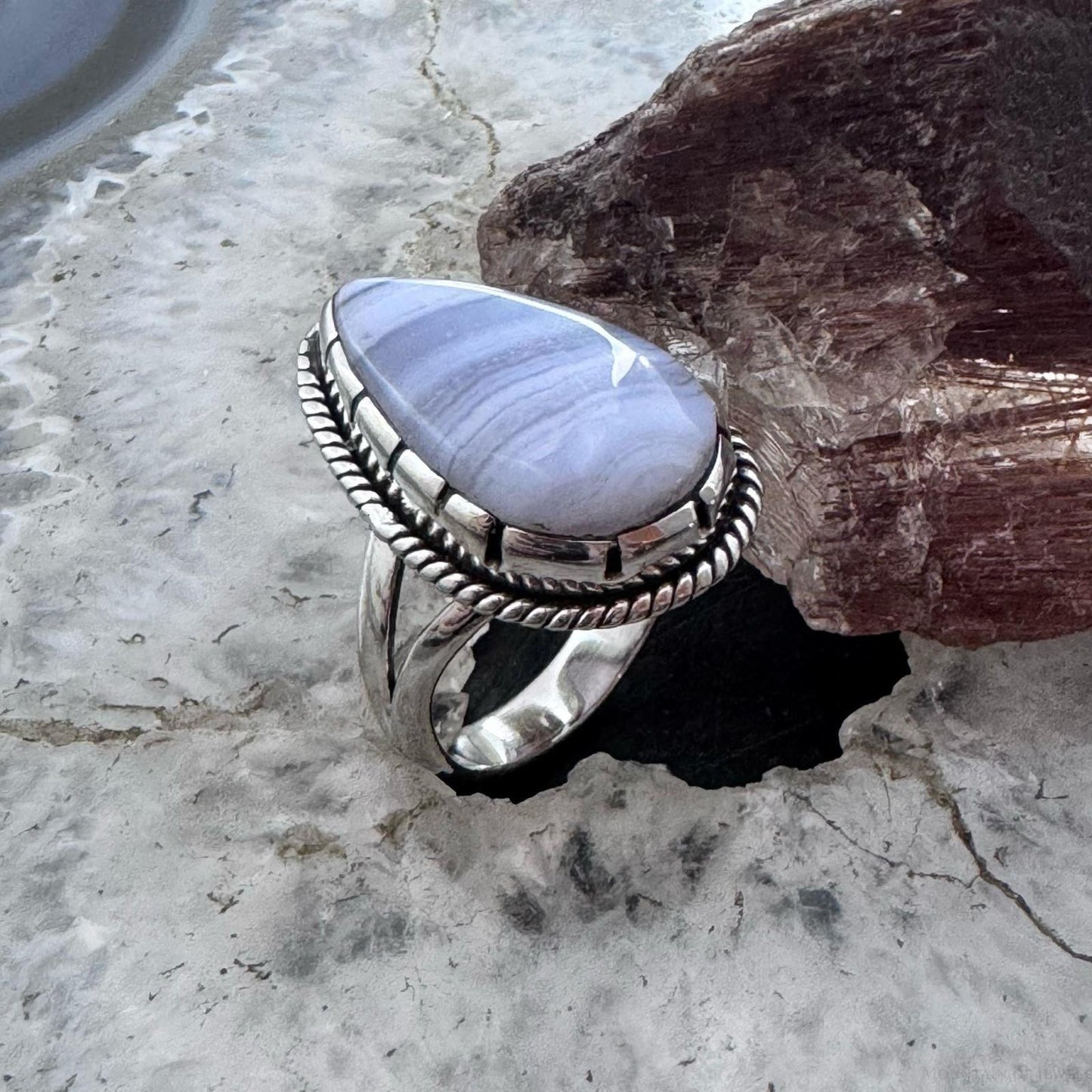 Sterling Silver Southwestern Style Blue Lace Agate Decorated Ring Size 6.75 For Women