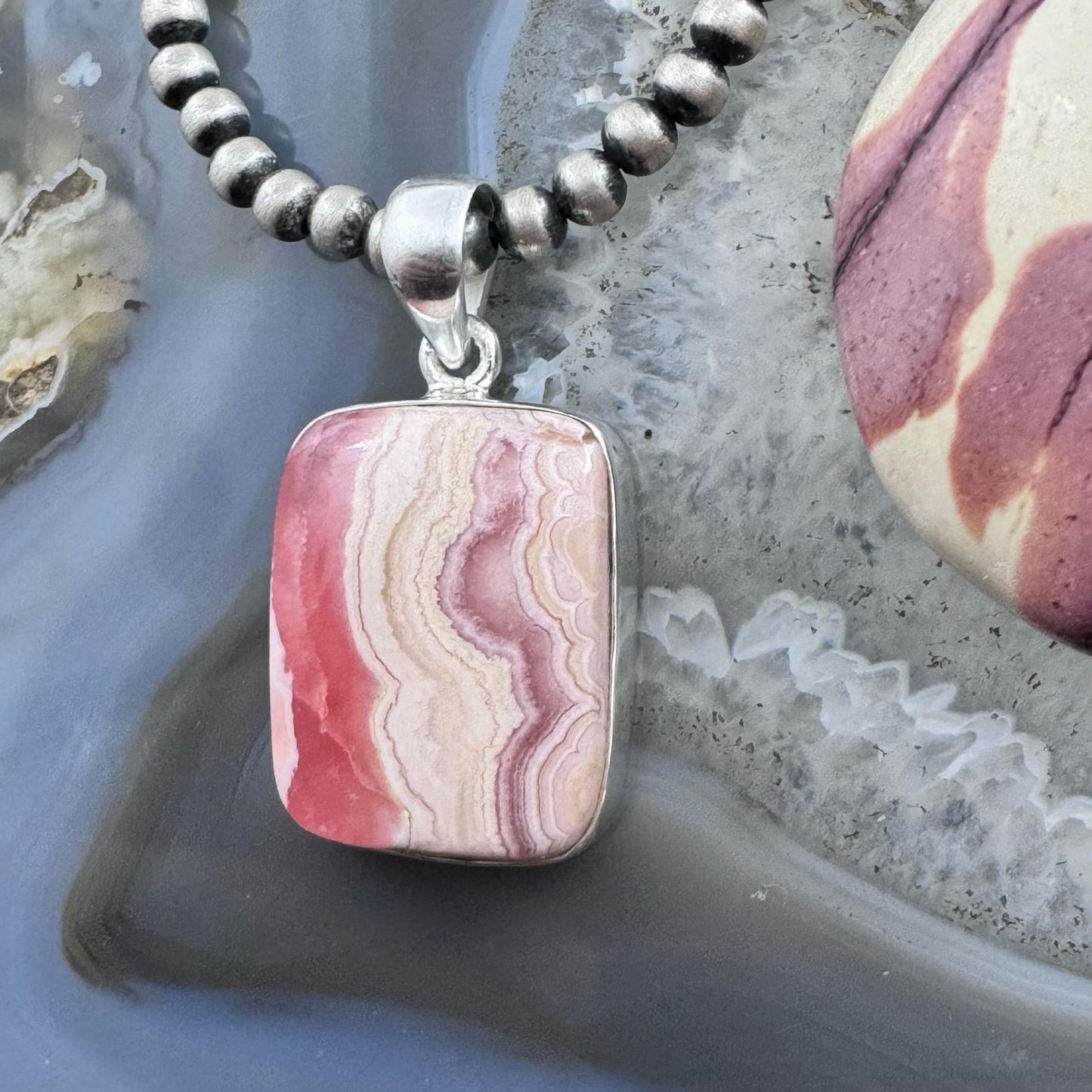 Sterling Silver Southwestern Style Rectangle Rhodochrosite Pendant For Women