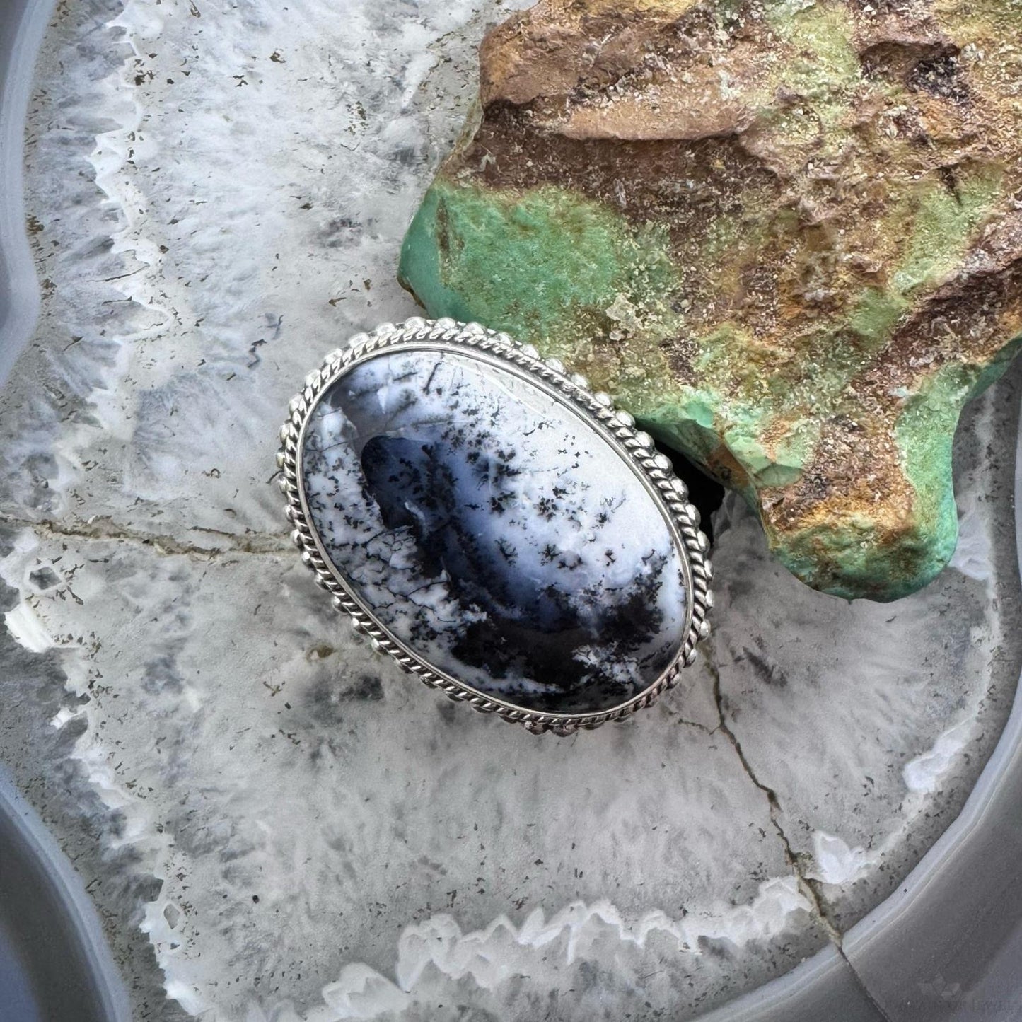 Sterling Silver Southwestern Style Oval Dendrite Decorated Ring Size 7 For Women