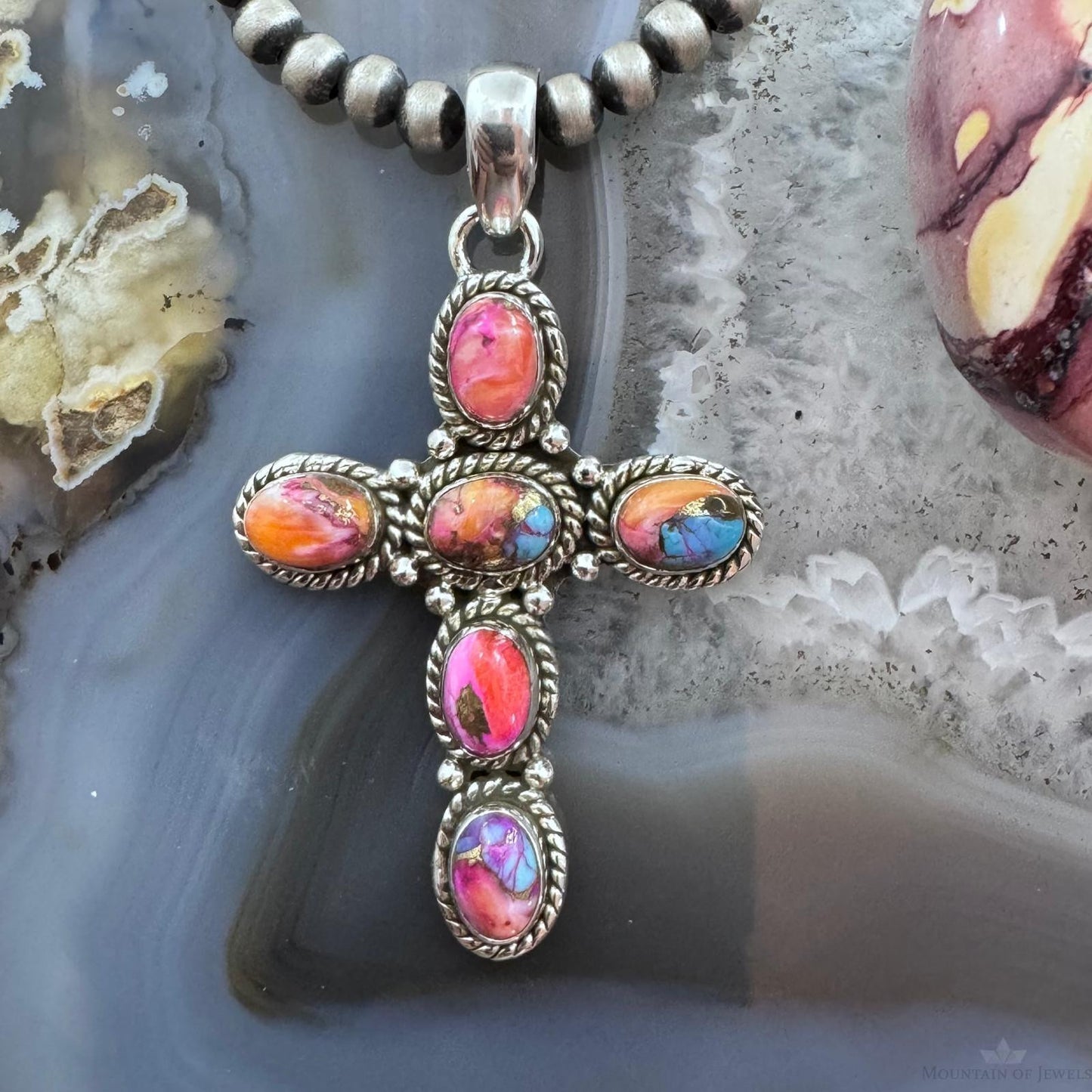 Sterling Silver Southwestern Style 6 Oval Mohave Dahlia Cross Pendant For Women