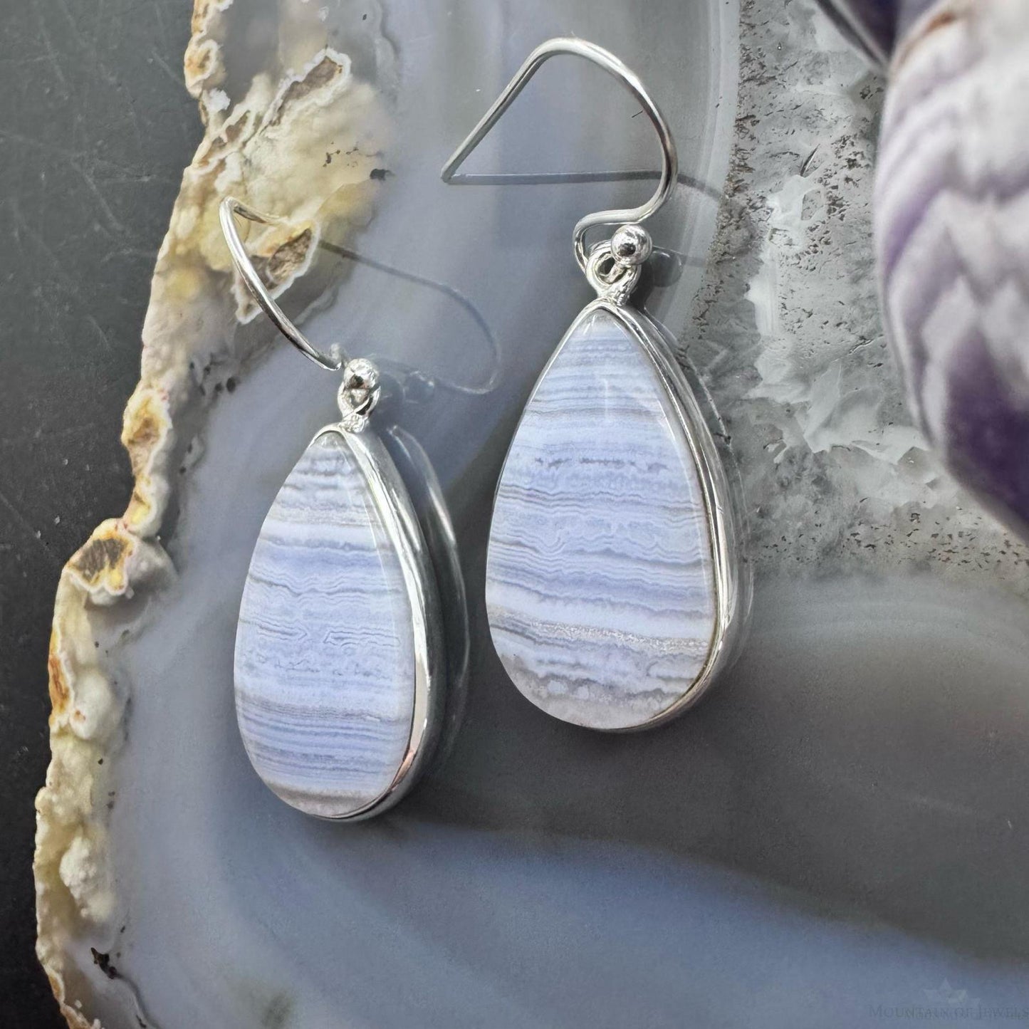 Sterling Silver Southwestern Style Teardrop Blue Lace Agate Dangle Earrings For Women