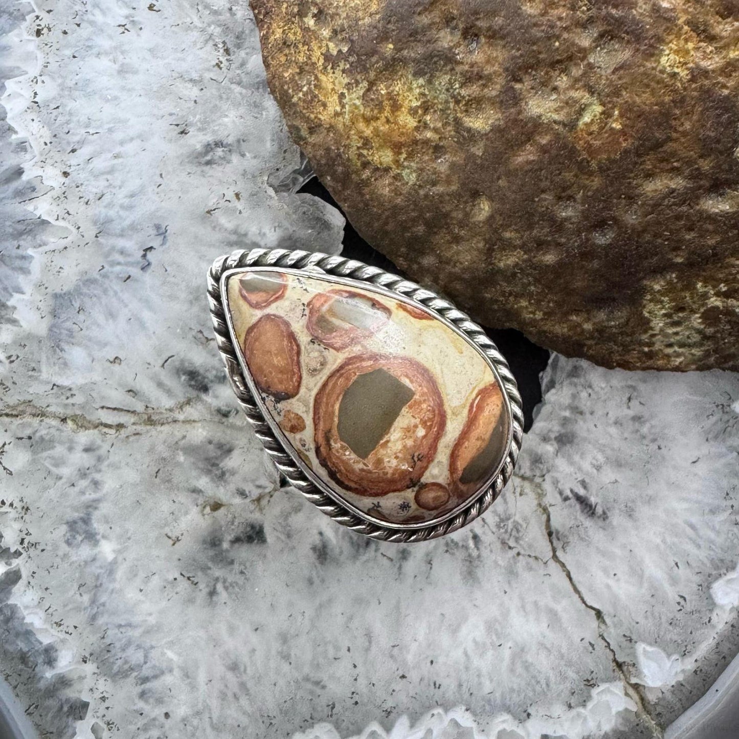 Sterling Silver Southwestern Style Teardrop Mookaite Coral Ring Size 9 For Women