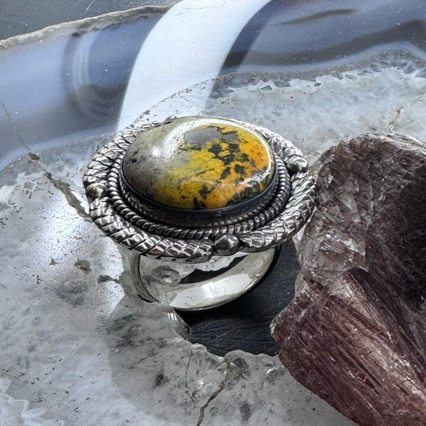 Sterling Silver Southwestern Style Bumblebee Jasper Decorated Ring Size 9 For Women