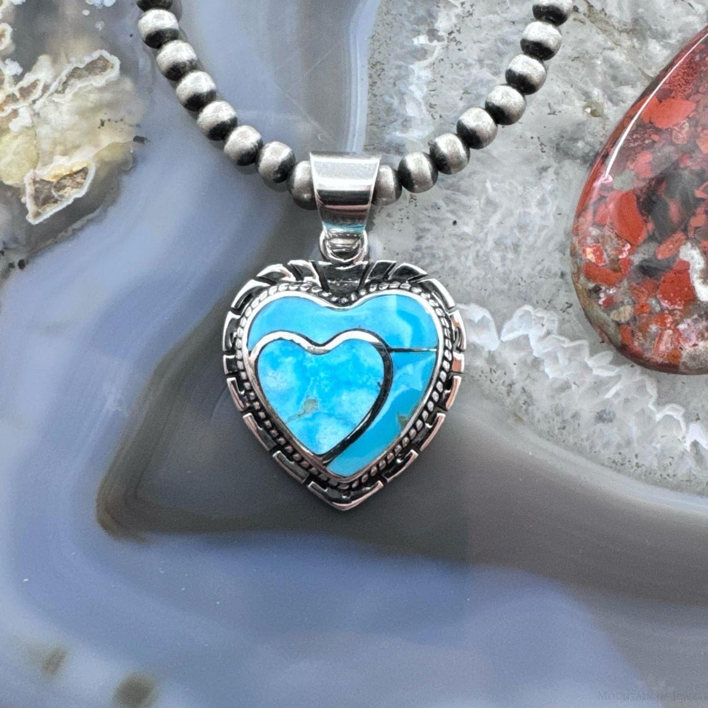 Native American Sterling Silver Blue Ridge Turquoise Decorated Double Heart Pendant For Women