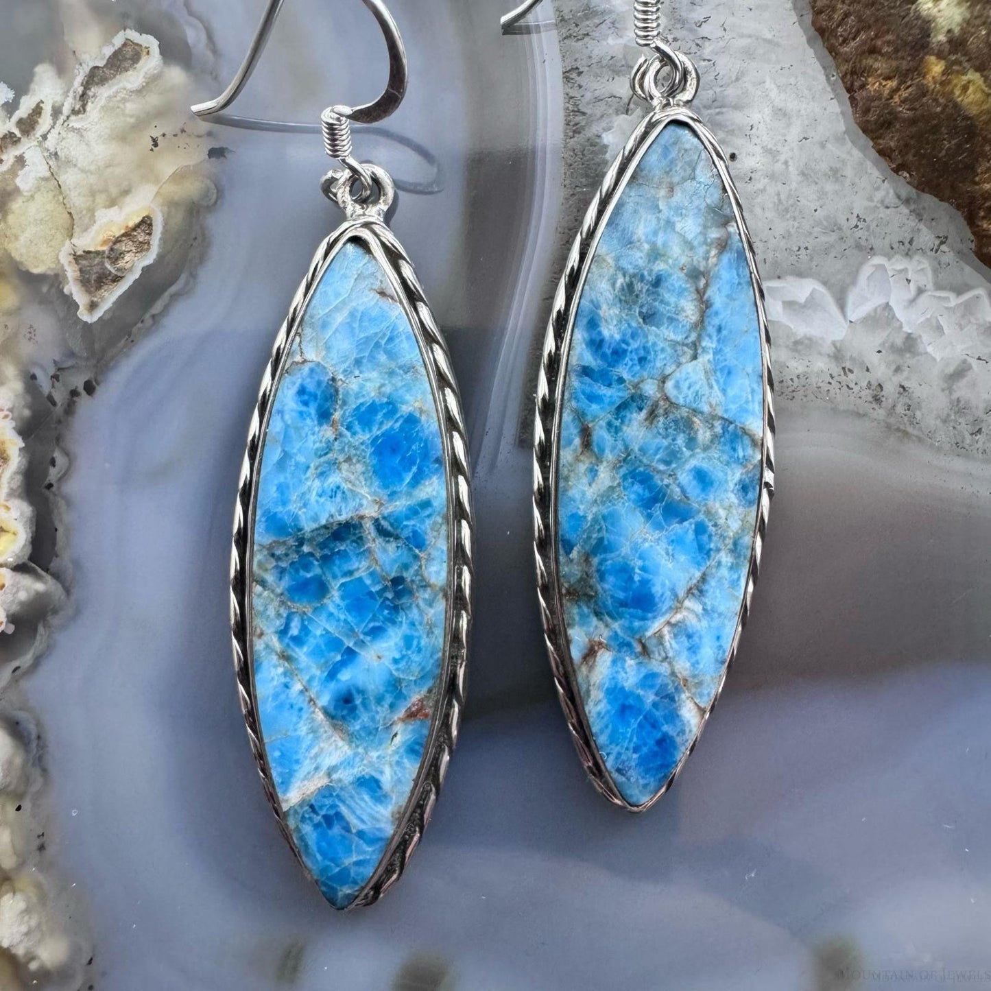 Sterling Silver Southwestern Style Elongated Marquise Blue Apatite Dangle Earrings For Women