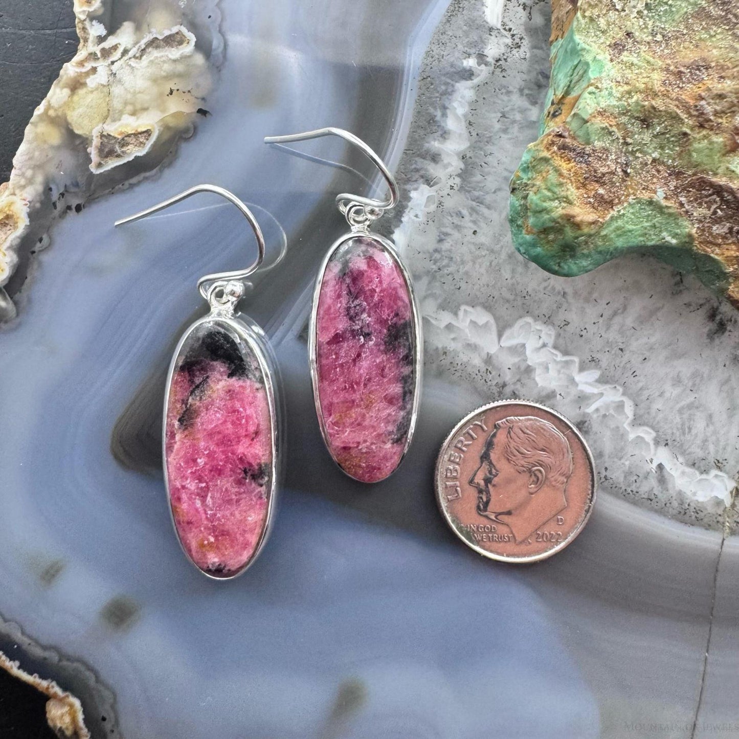 Sterling Silver Southwestern Style Oval Rhodonite Dangle Earrings For Women