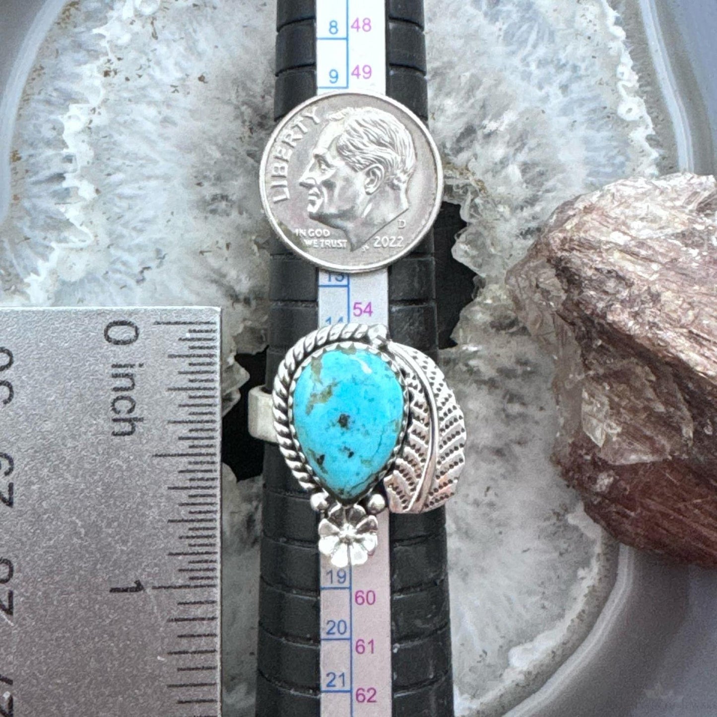 Sterling Silver Southwestern Style Teardrop Turquoise Decorated Adjustable Ring For Women