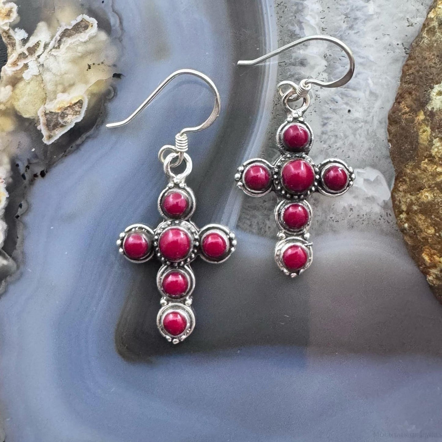 Sterling Silver 6 Red Gemstone Decorated Cross Fashion Dangle Earrings For Women