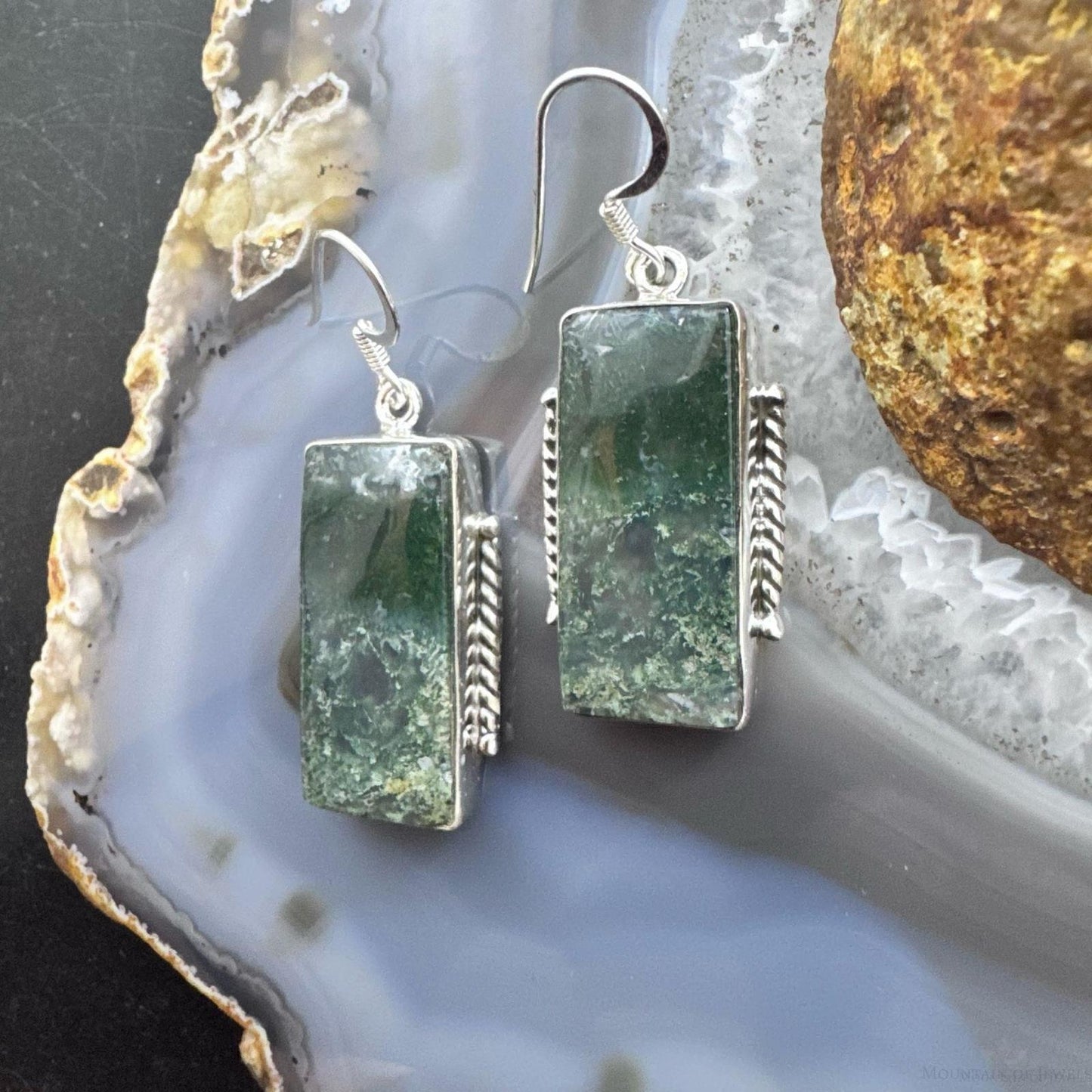 Sterling Silver Southwestern Style Rectangle Moss Agate Dangle Earrings For Women