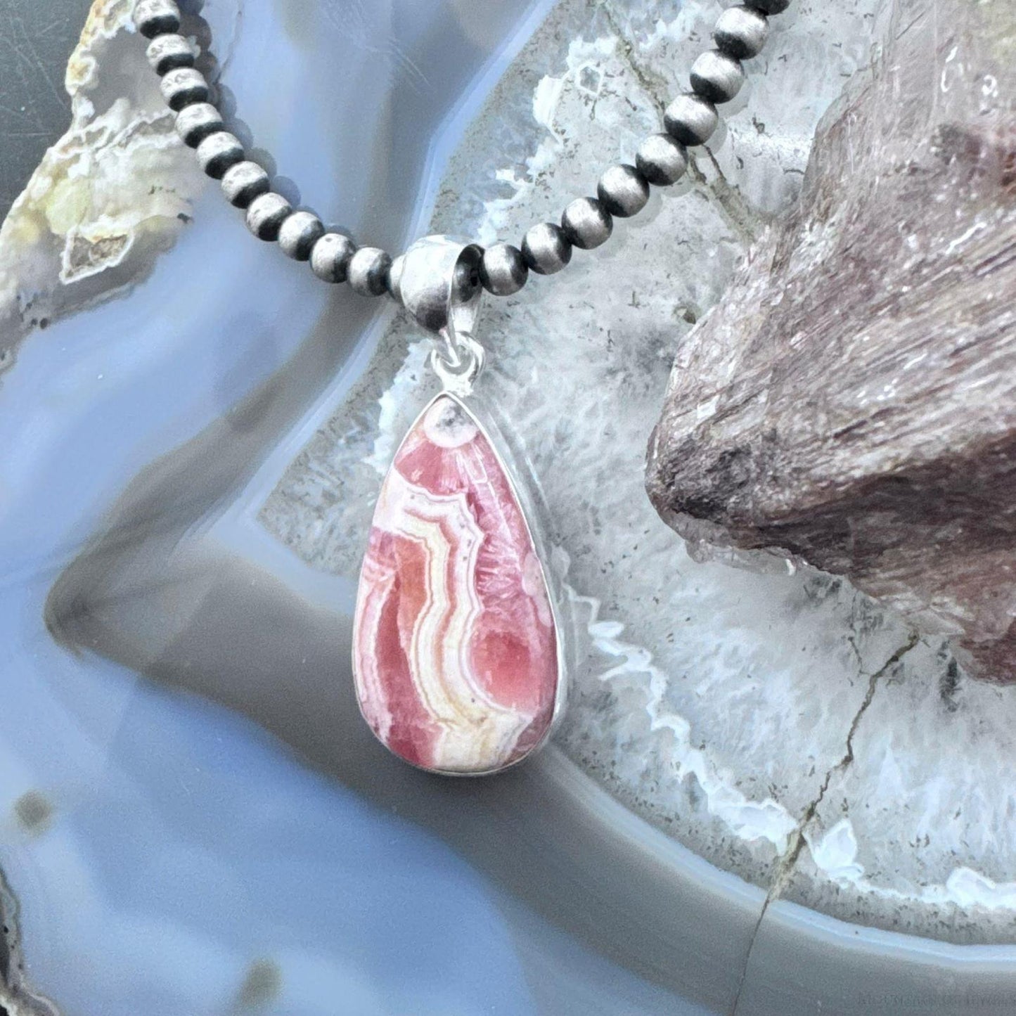 Sterling Silver Southwestern Style Teardrop Rhodochrosite Pendant For Women