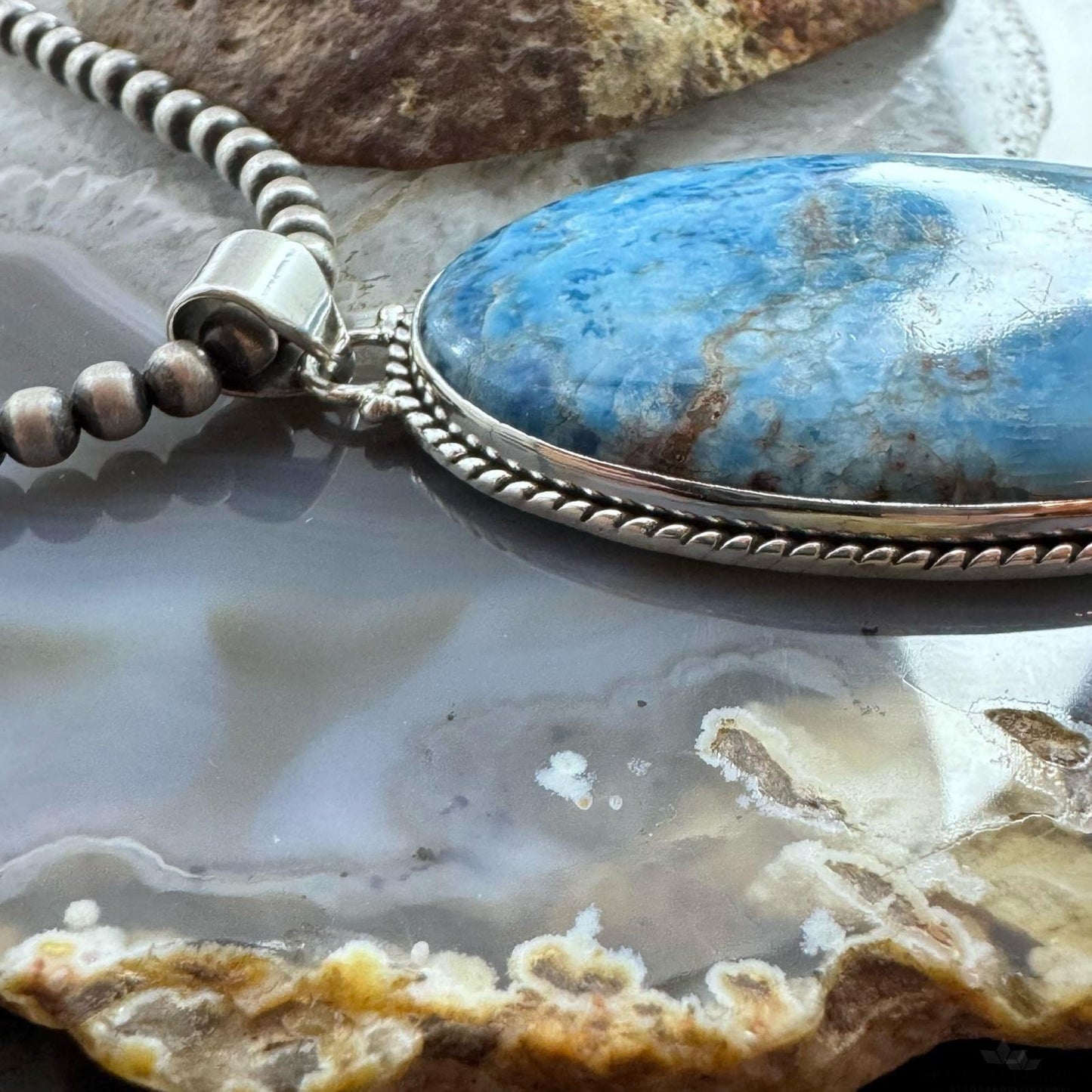 Sterling Silver Southwestern Style Elongated Oval Apatite Pendant For Women
