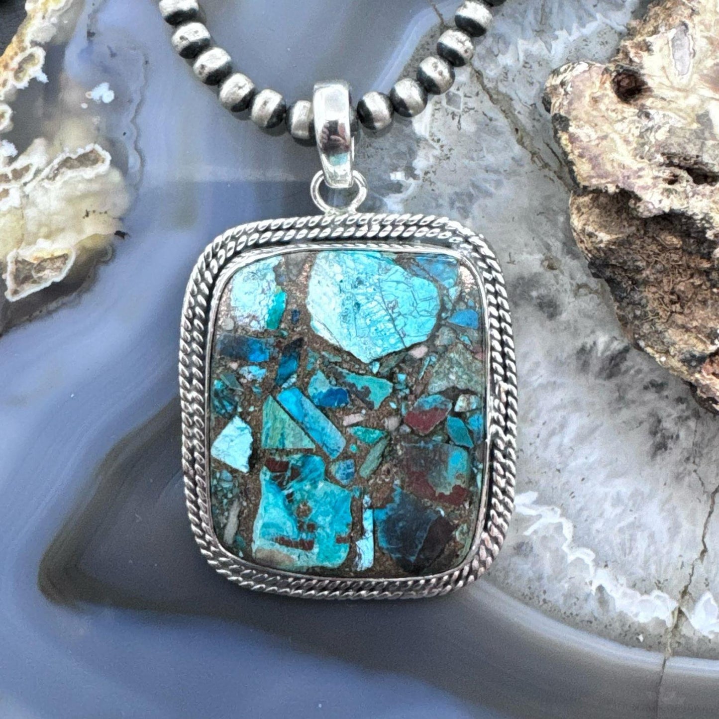 Sterling Silver Southwestern Style Large Square Cooper Turquoise Pendant For Women