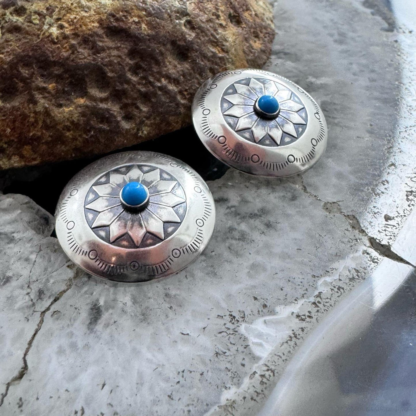 Native American Sterling Stamped Rounded Concho w/Turquoise Post Earrings
