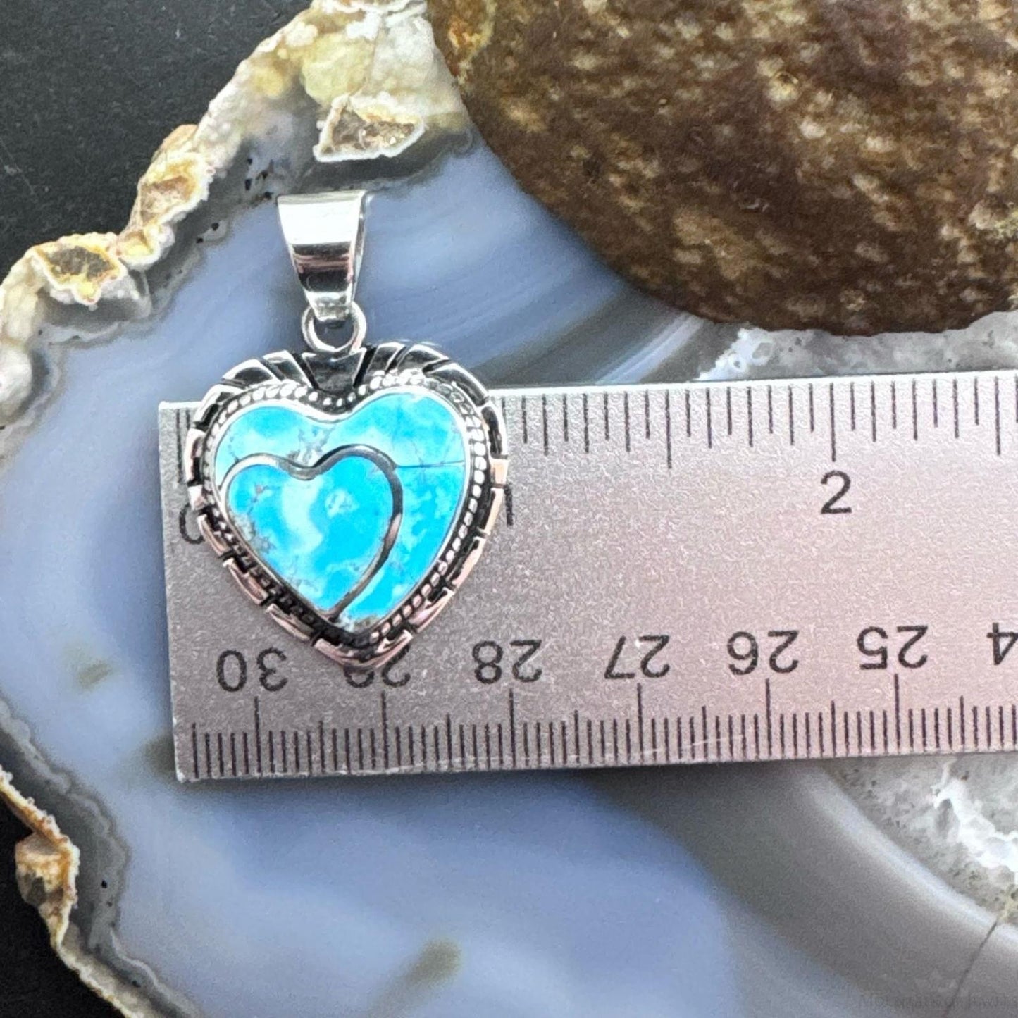 Native American Sterling Silver Blue Ridge Turquoise Decorated Double Heart Pendant For Women #1