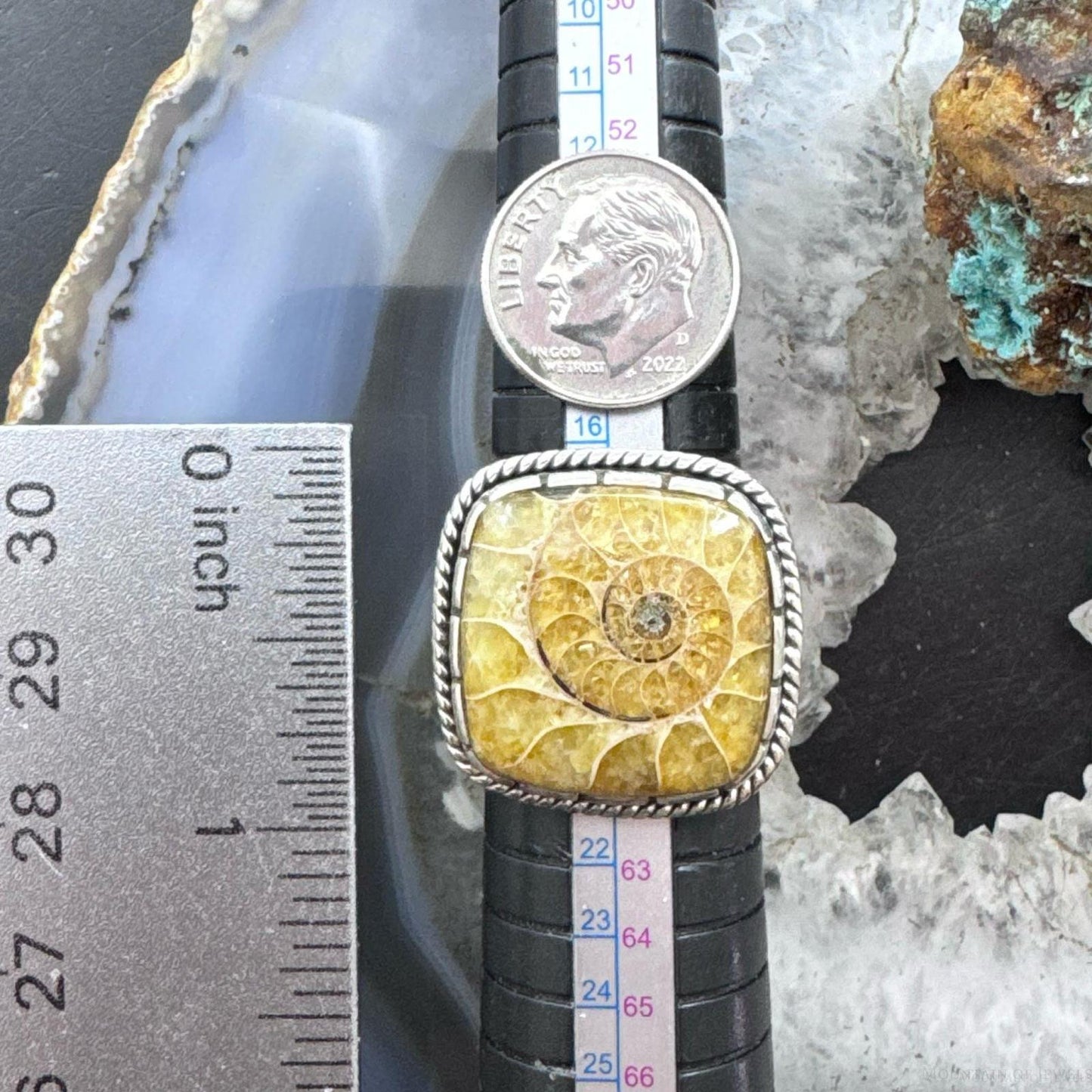 Sterling Silver Southwestern Style Square Ammonite Decorated Ring Size 9 For Women